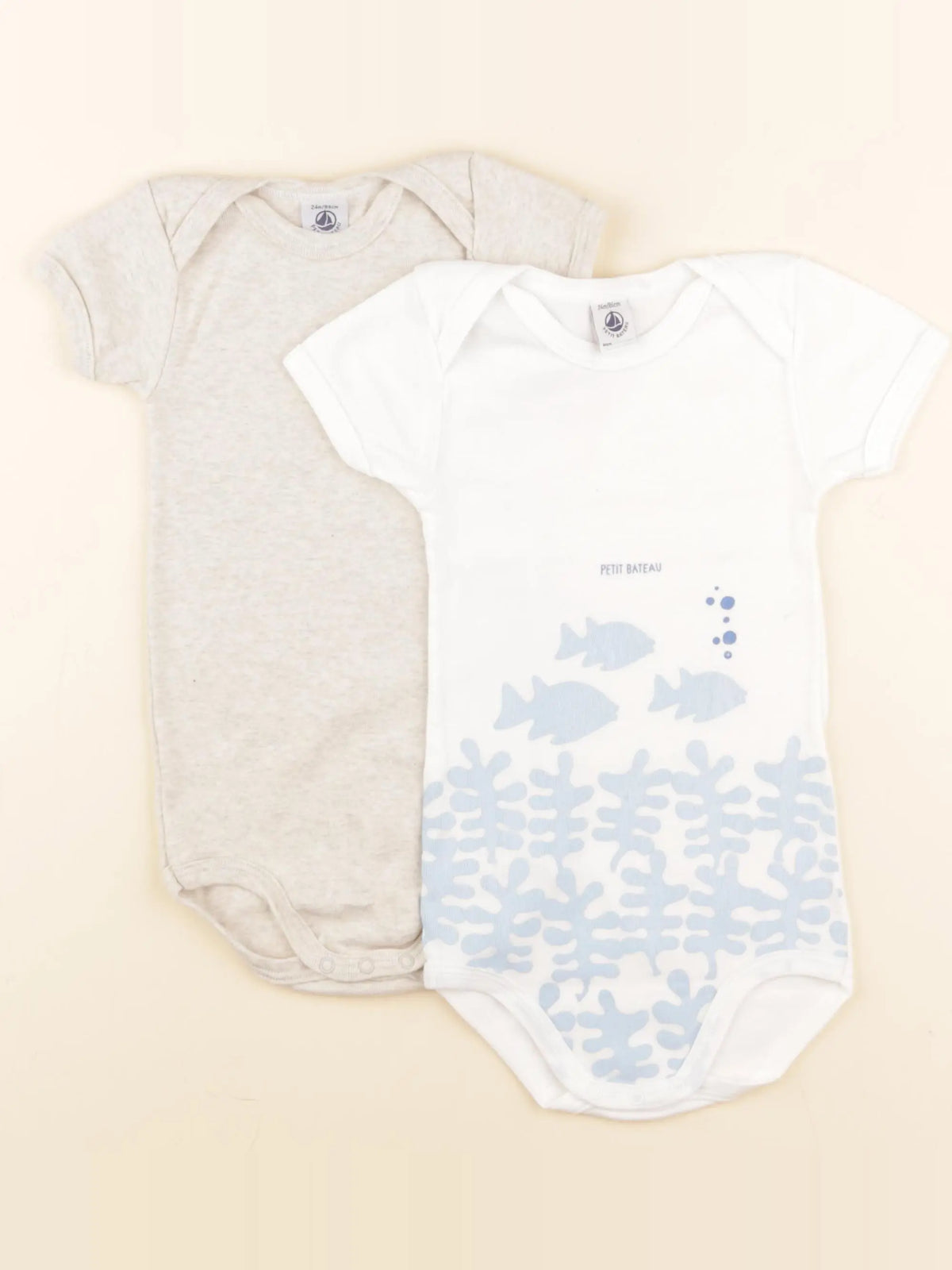 Petit Bateau - lot de 2 bodies en coton blanc, beige - 24 mois