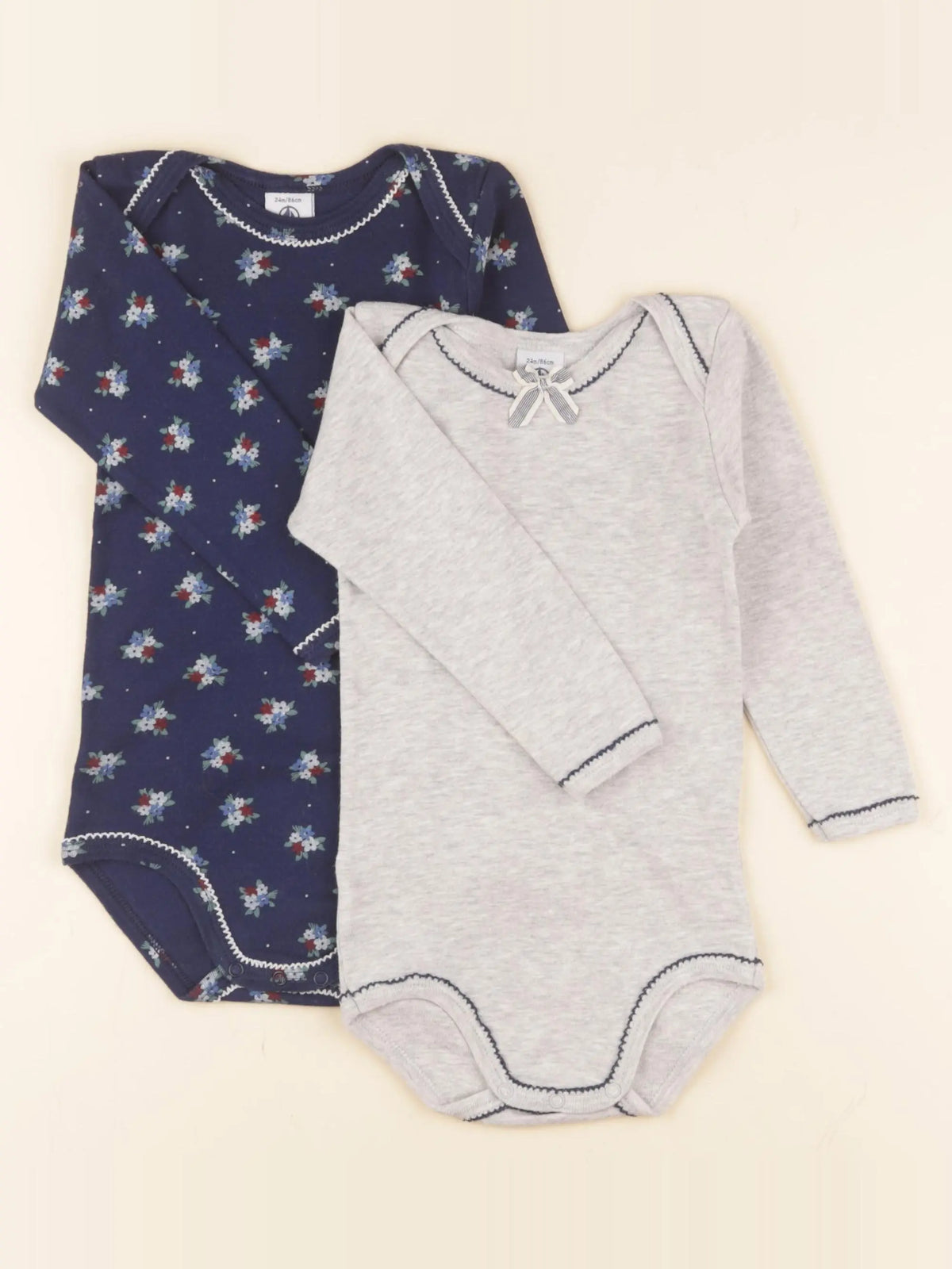 Petit Bateau - lot de 2 bodies en coton bleu, gris - 24 mois