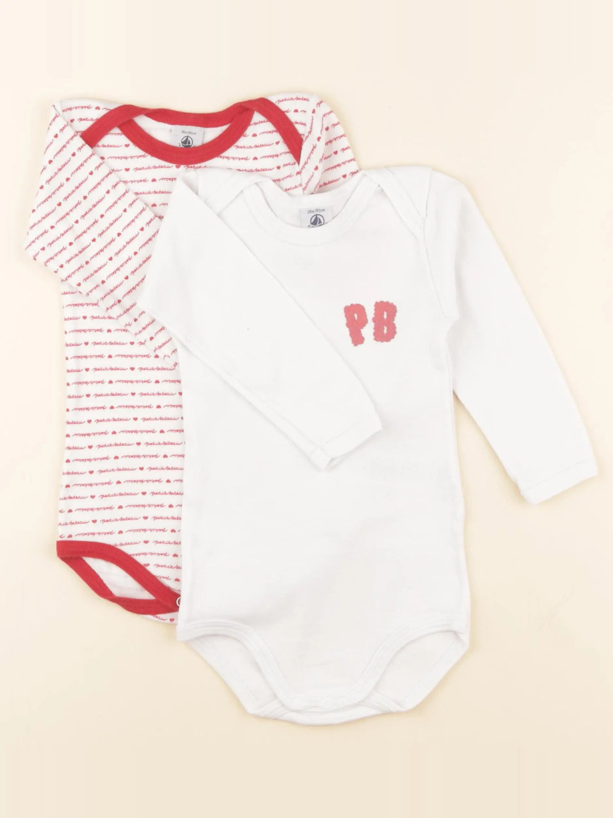 Petit Bateau - lot de 2 bodies en coton blanc, rouge - 18 mois