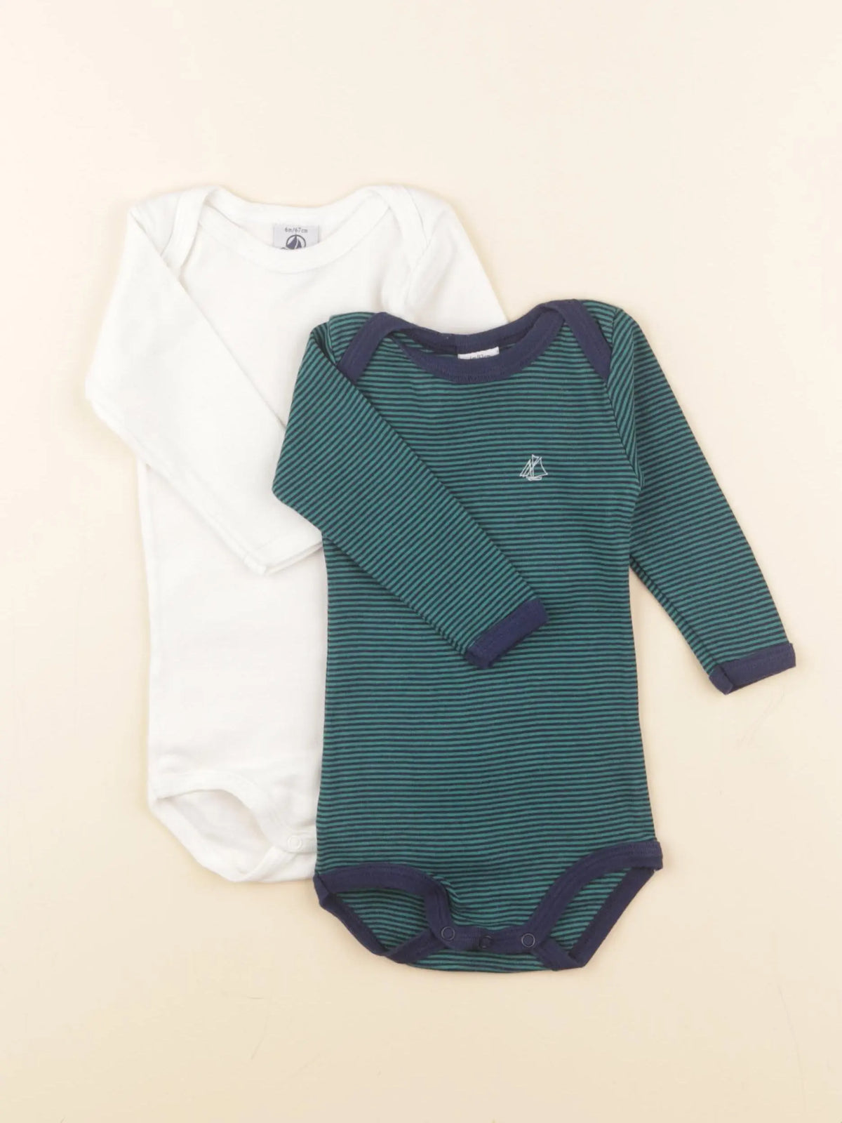 Petit Bateau - lot de 2 bodies en coton vert, blanc - 6 mois