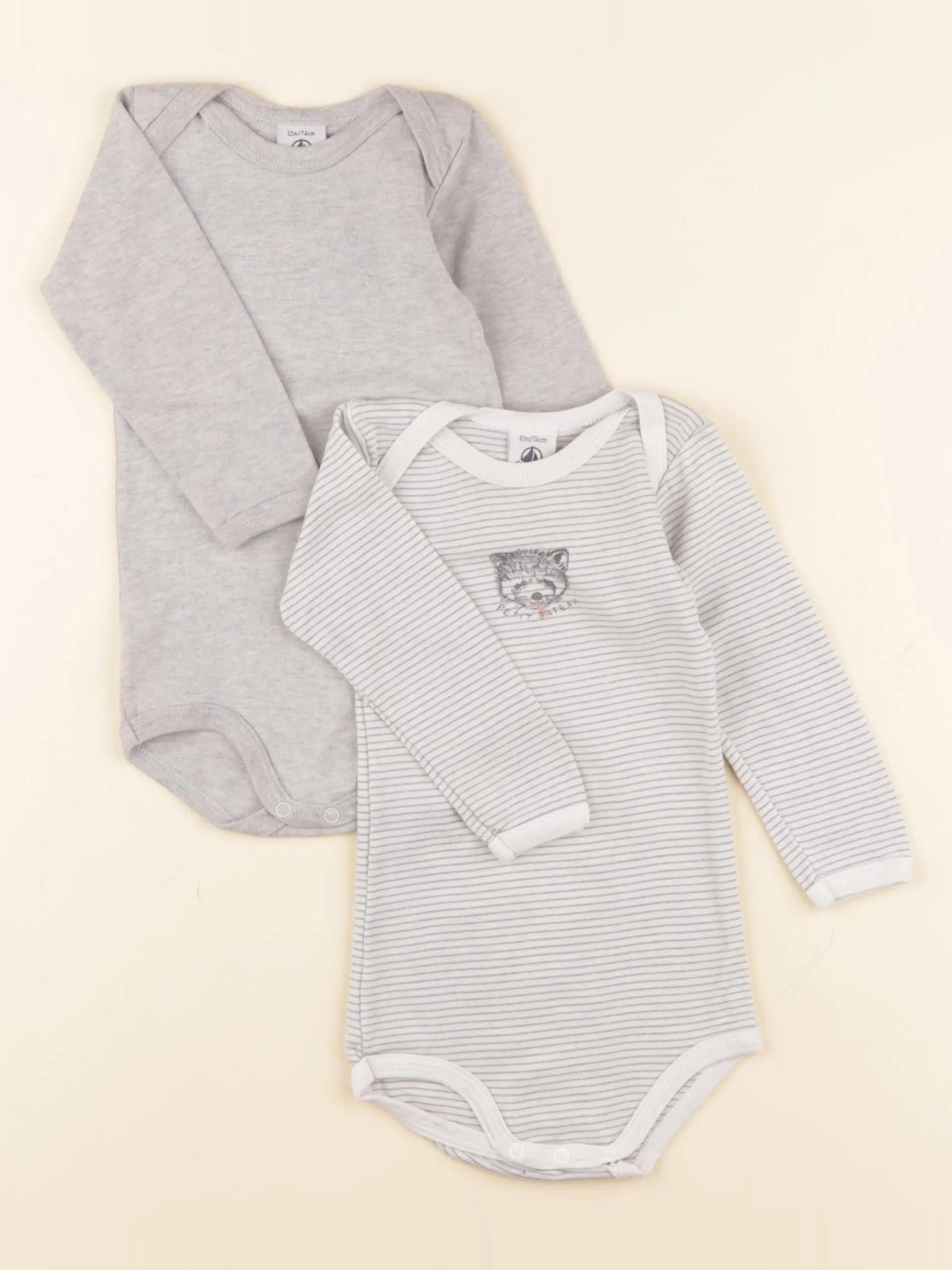 Petit Bateau - lot de 2 bodies en coton gris, blanc - 12 mois