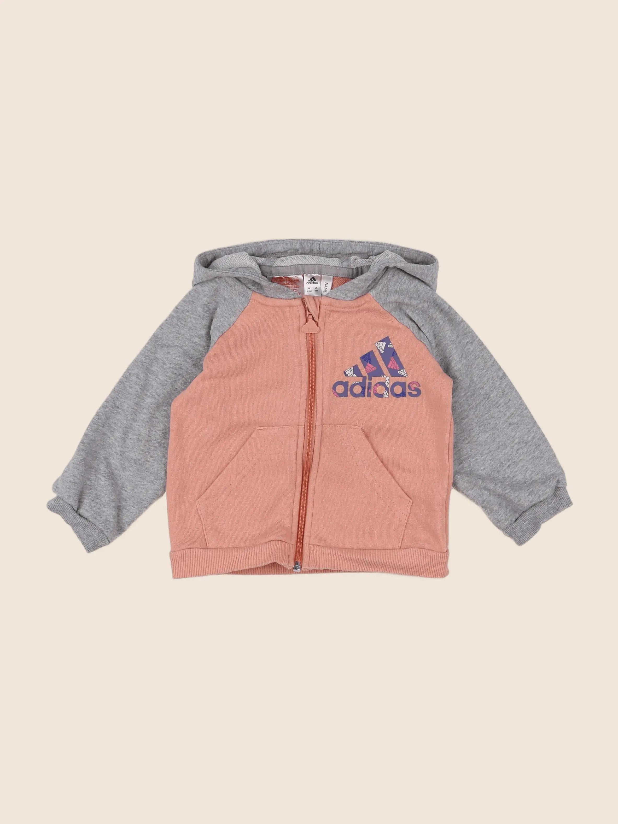 Adidas - sweat gris, rose - 6/9 mois