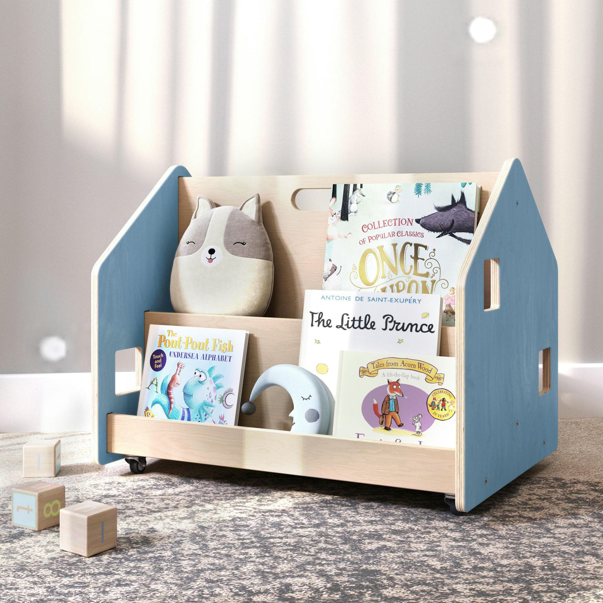Bibliothèque enfant double-face sur roulettes - Couleur bleu clair