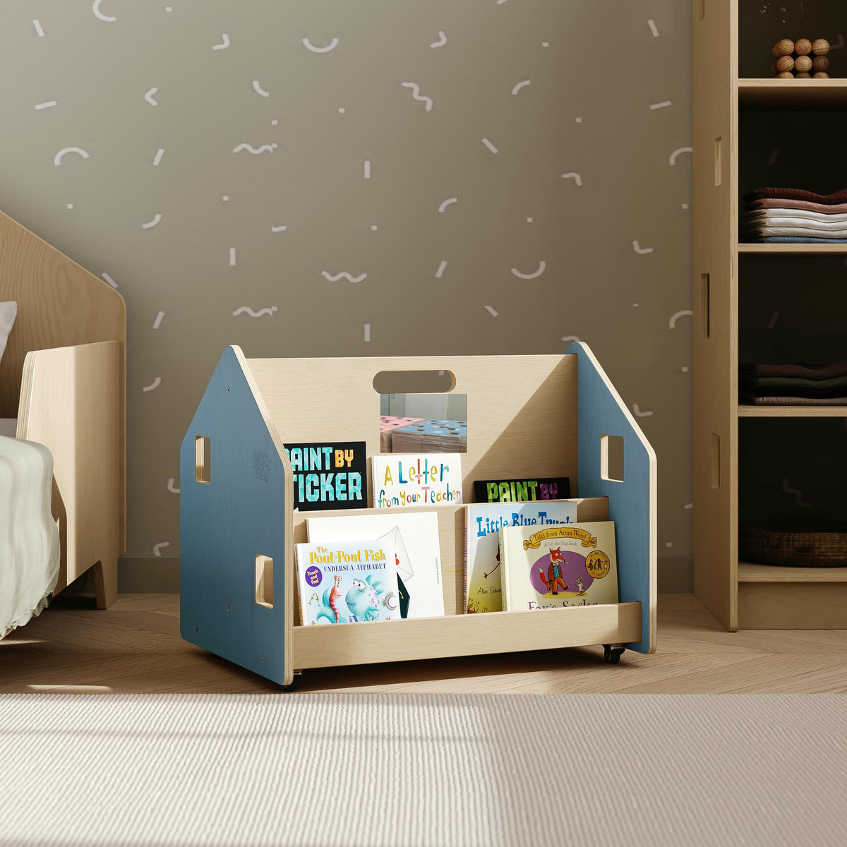 Bibliothèque enfant double-face sur roulettes - Couleur bleu clair