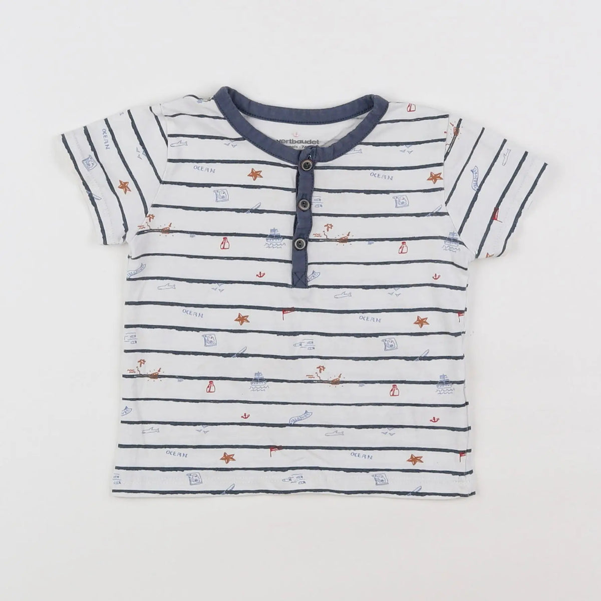 Vertbaudet - tee-shirt blanc, bleu - 12 mois