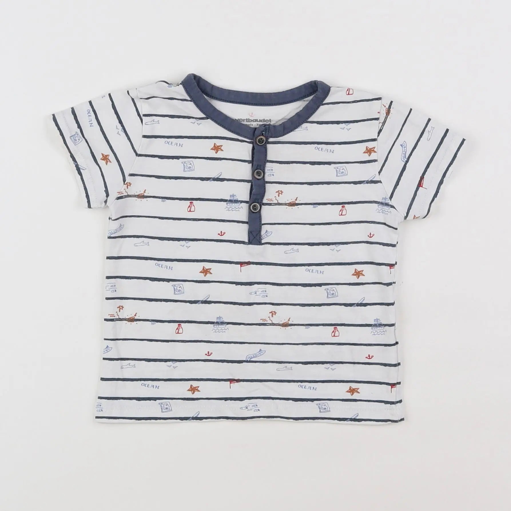 Vertbaudet - tee-shirt blanc, bleu - 12 mois