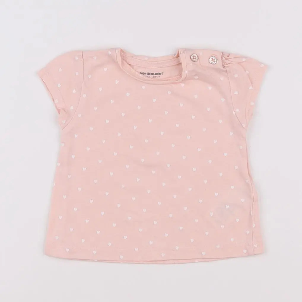 Vertbaudet - tee-shirt blanc, rose - 3 mois