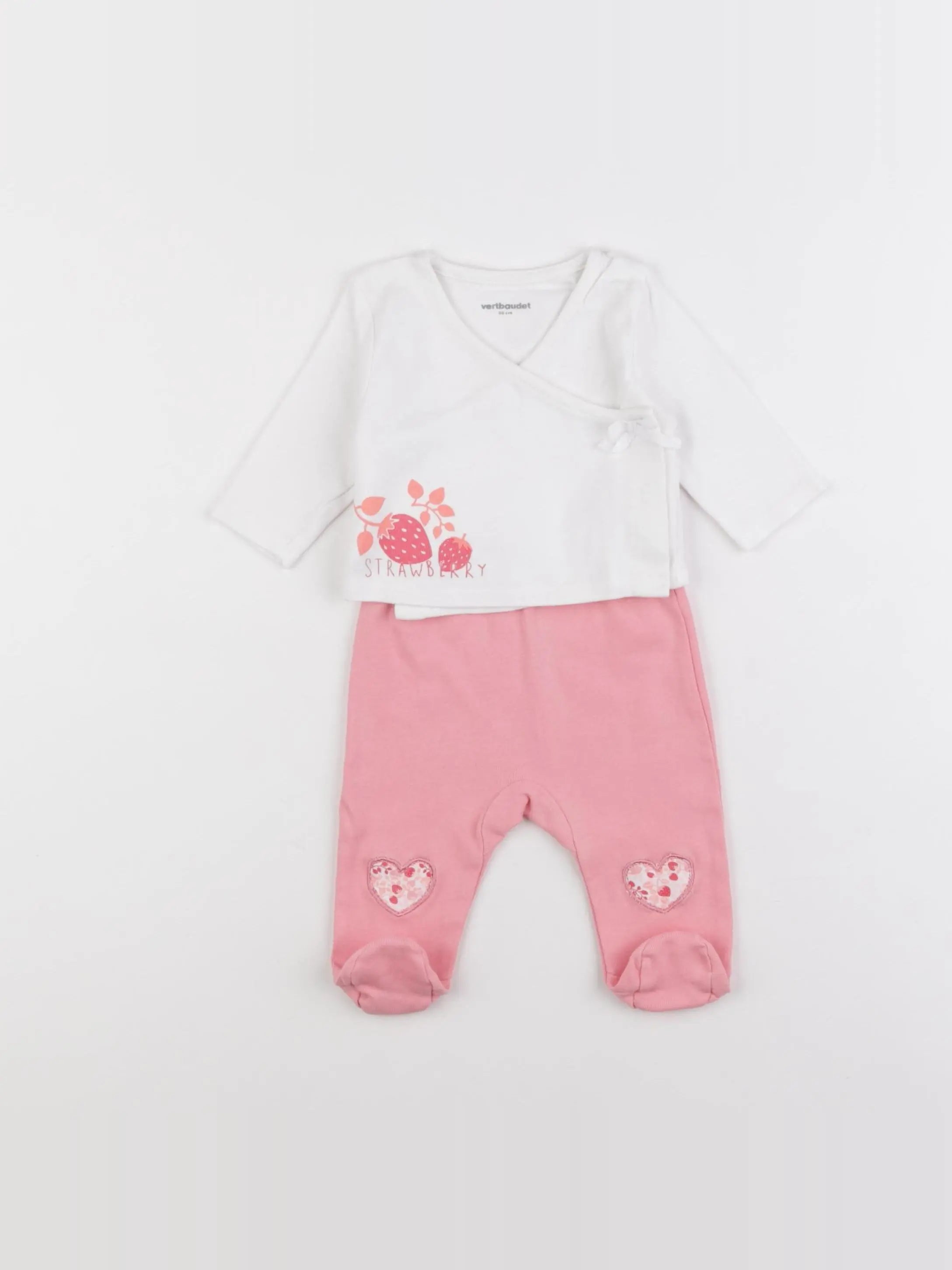 Vertbaudet - pyjama coton blanc, rose - 0 mois