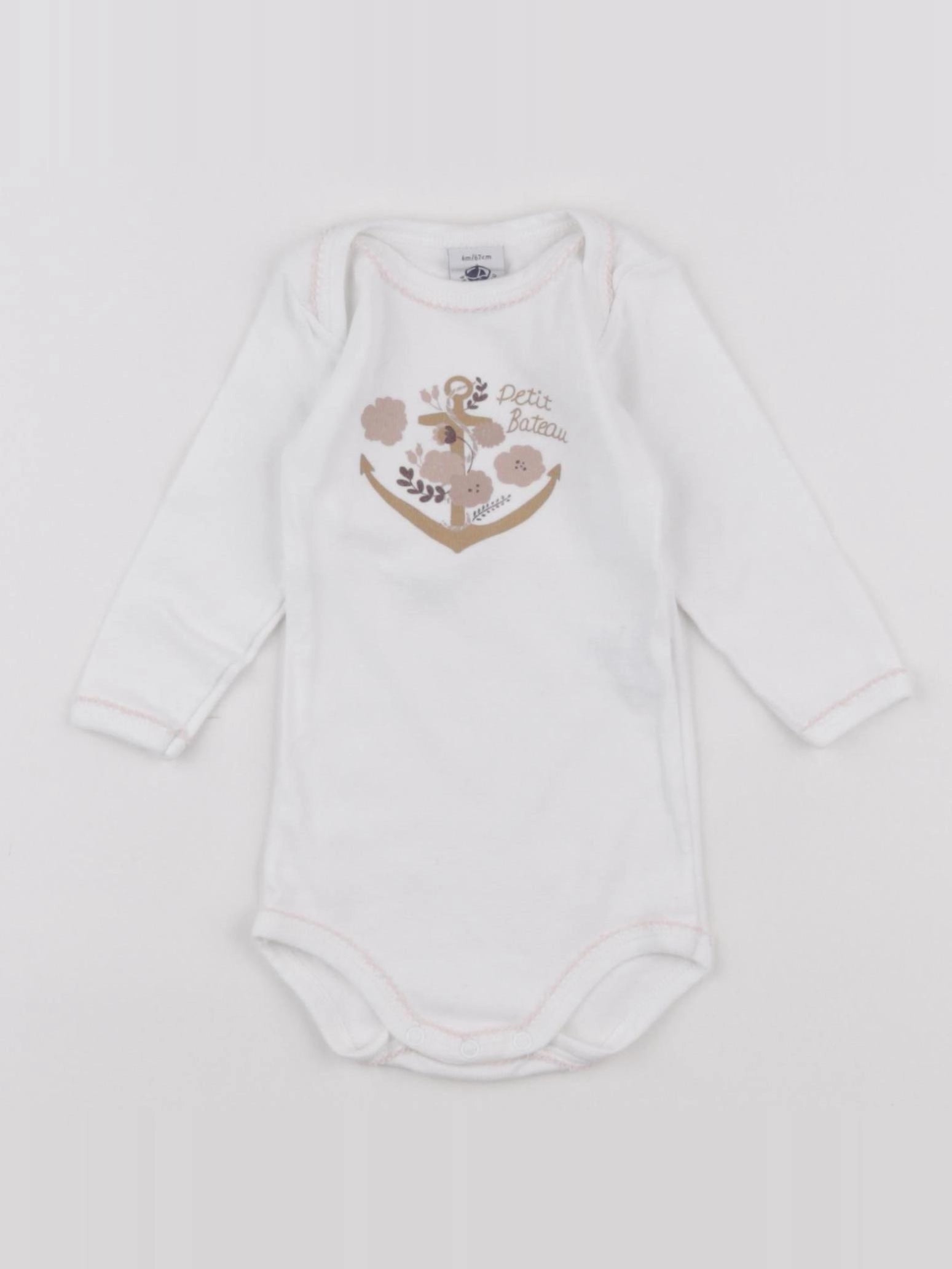 Petit Bateau - body blanc, rose - 6 mois