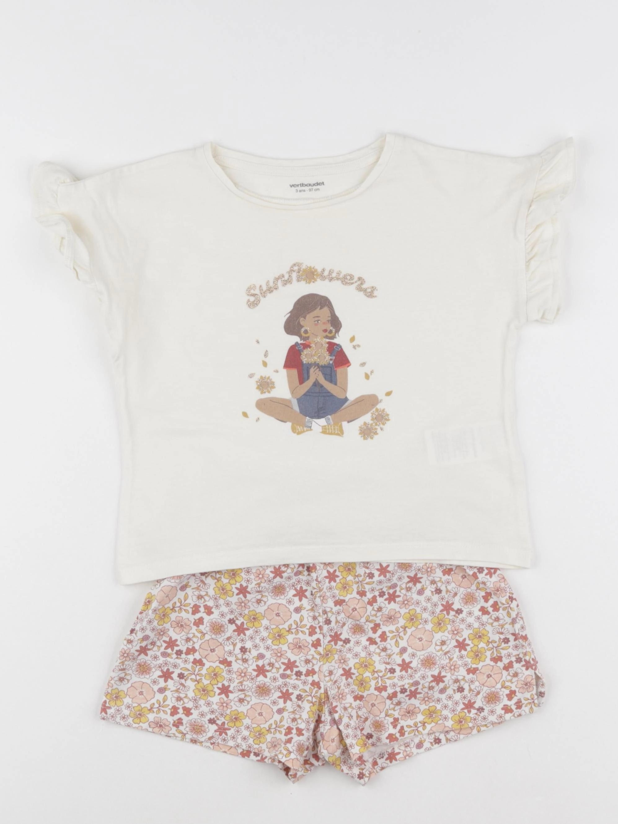 Vertbaudet - pyjama coton beige, rose - 3 ans