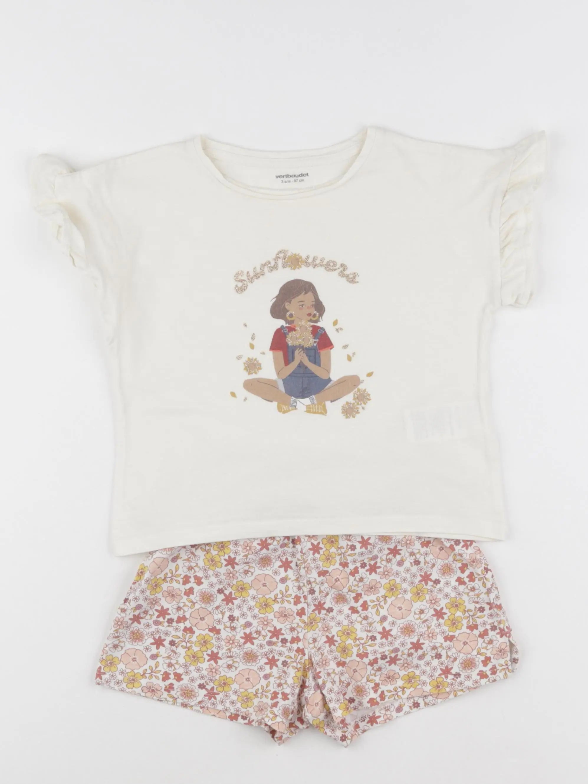 Vertbaudet - pyjama coton beige, rose - 3 ans