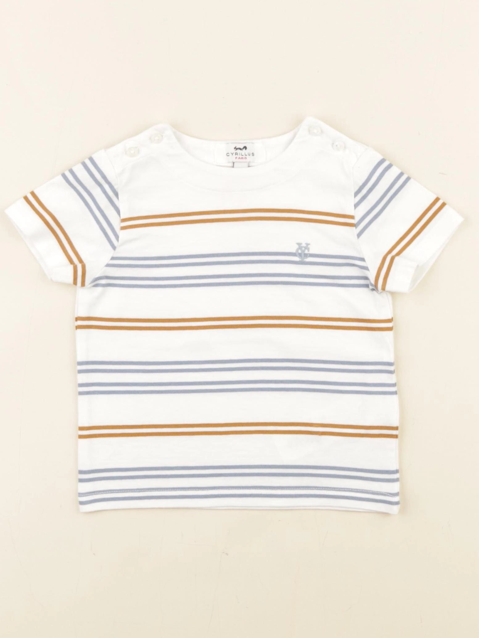 Cyrillus - tee-shirt blanc, bleu, marron - 12 mois
