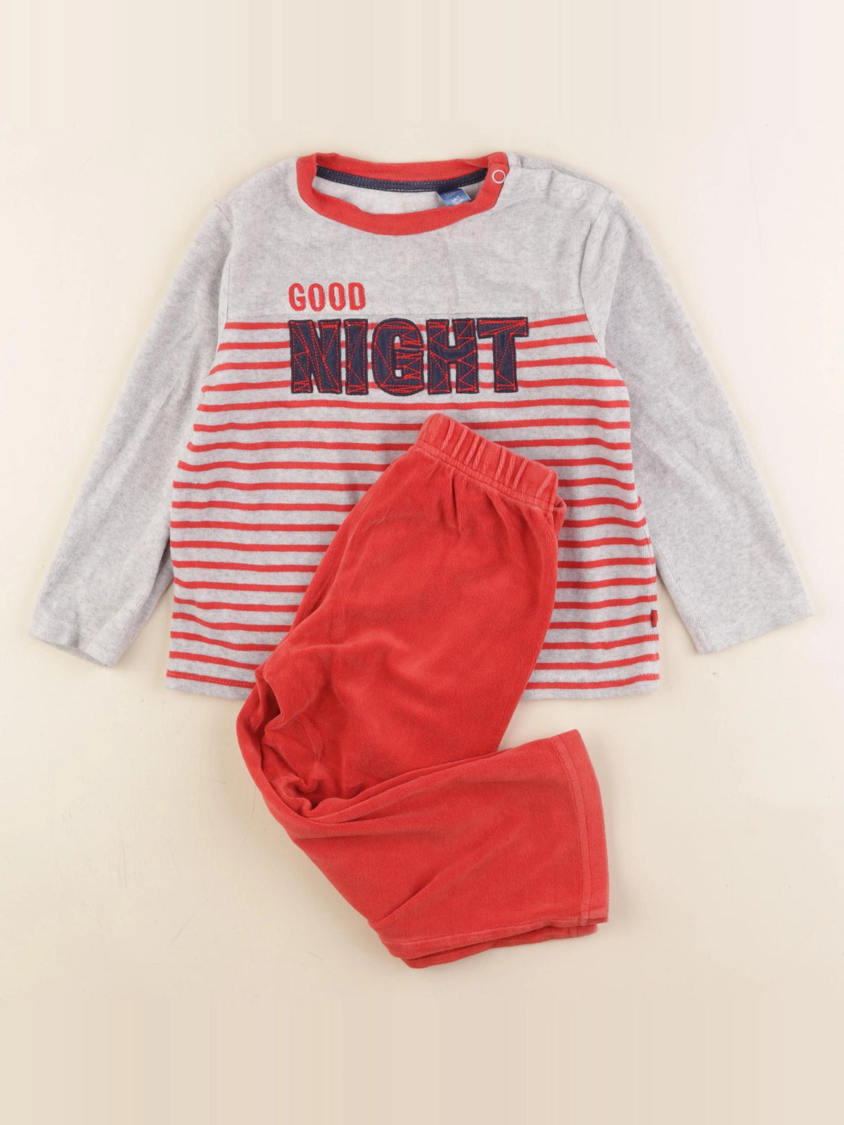 Okaidi - pyjama velours gris, rouge - 3 ans