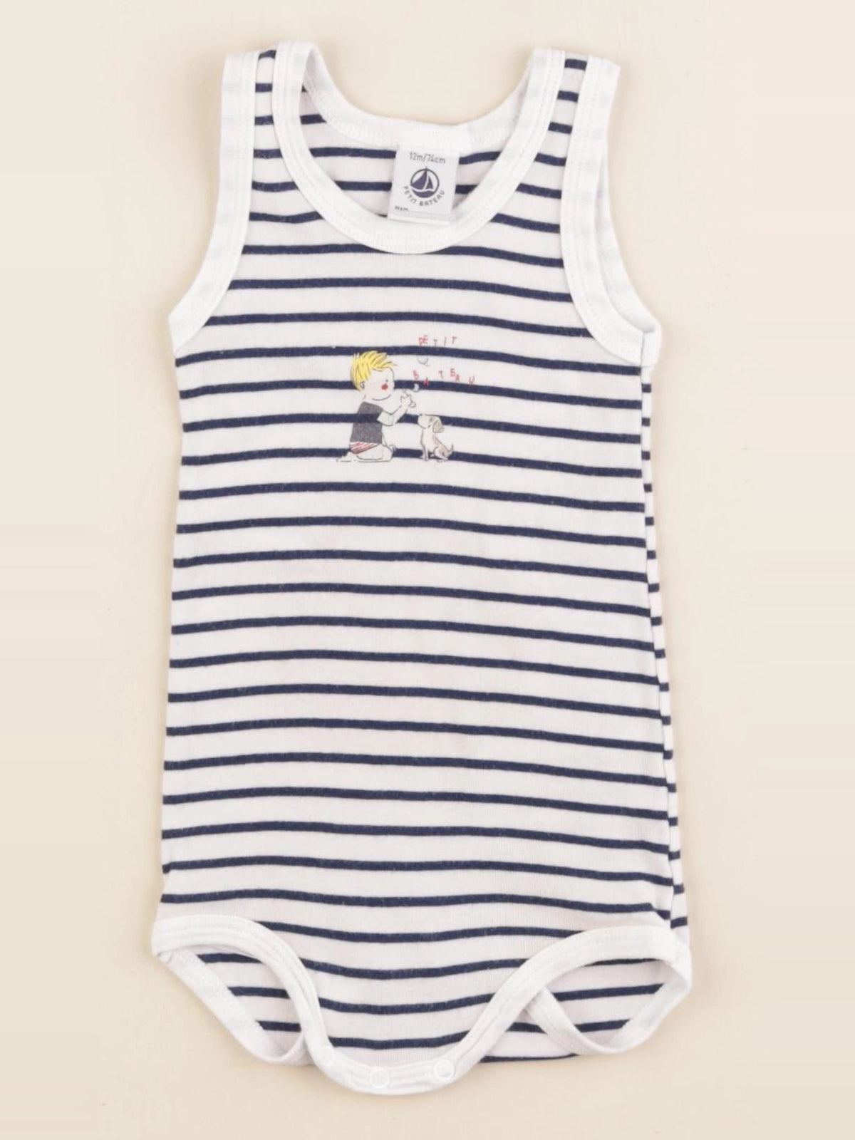 Petit Bateau - body blanc, bleu - 12 mois