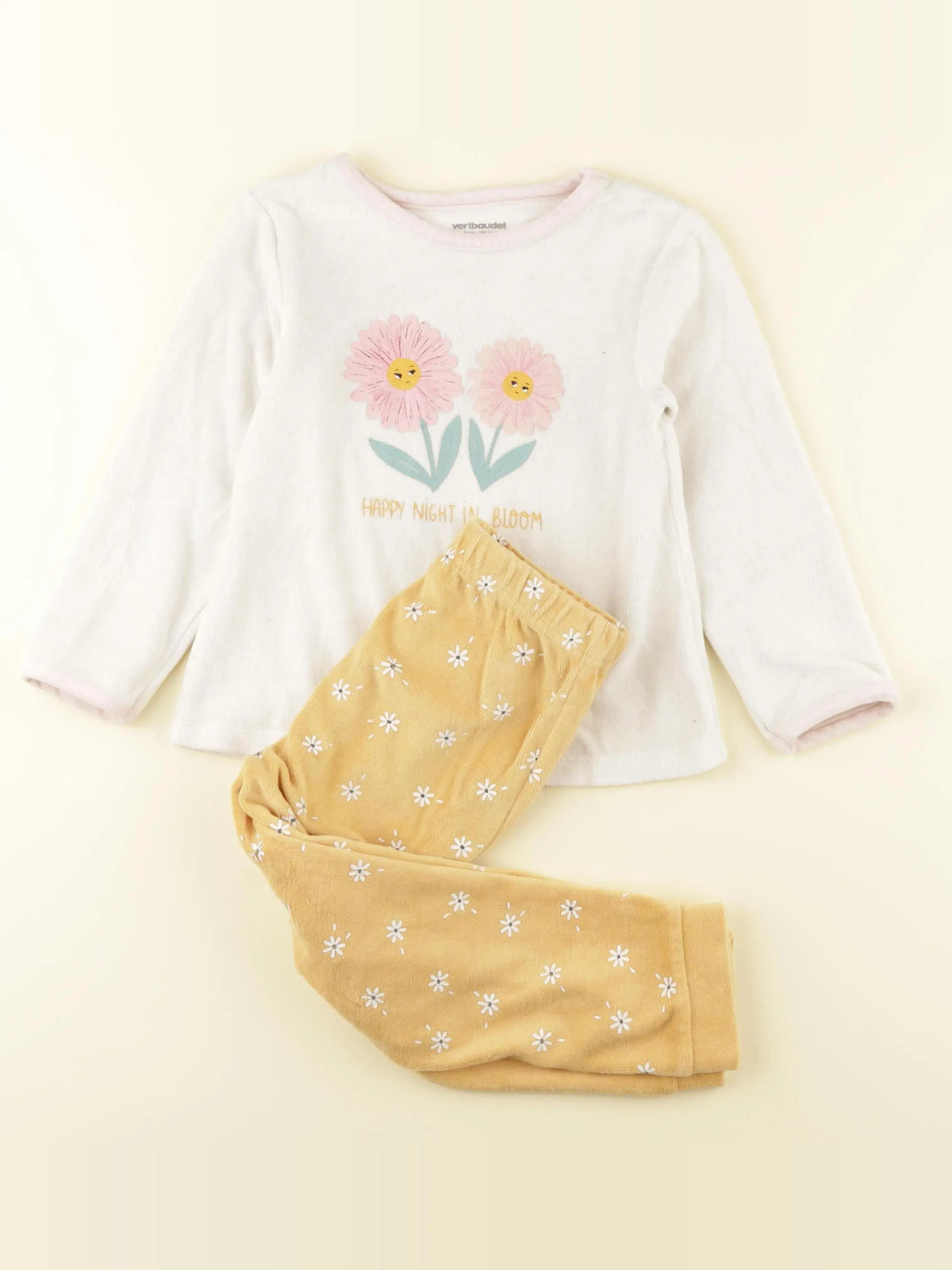 Vertbaudet - pyjama velours jaune, blanc - 4 ans