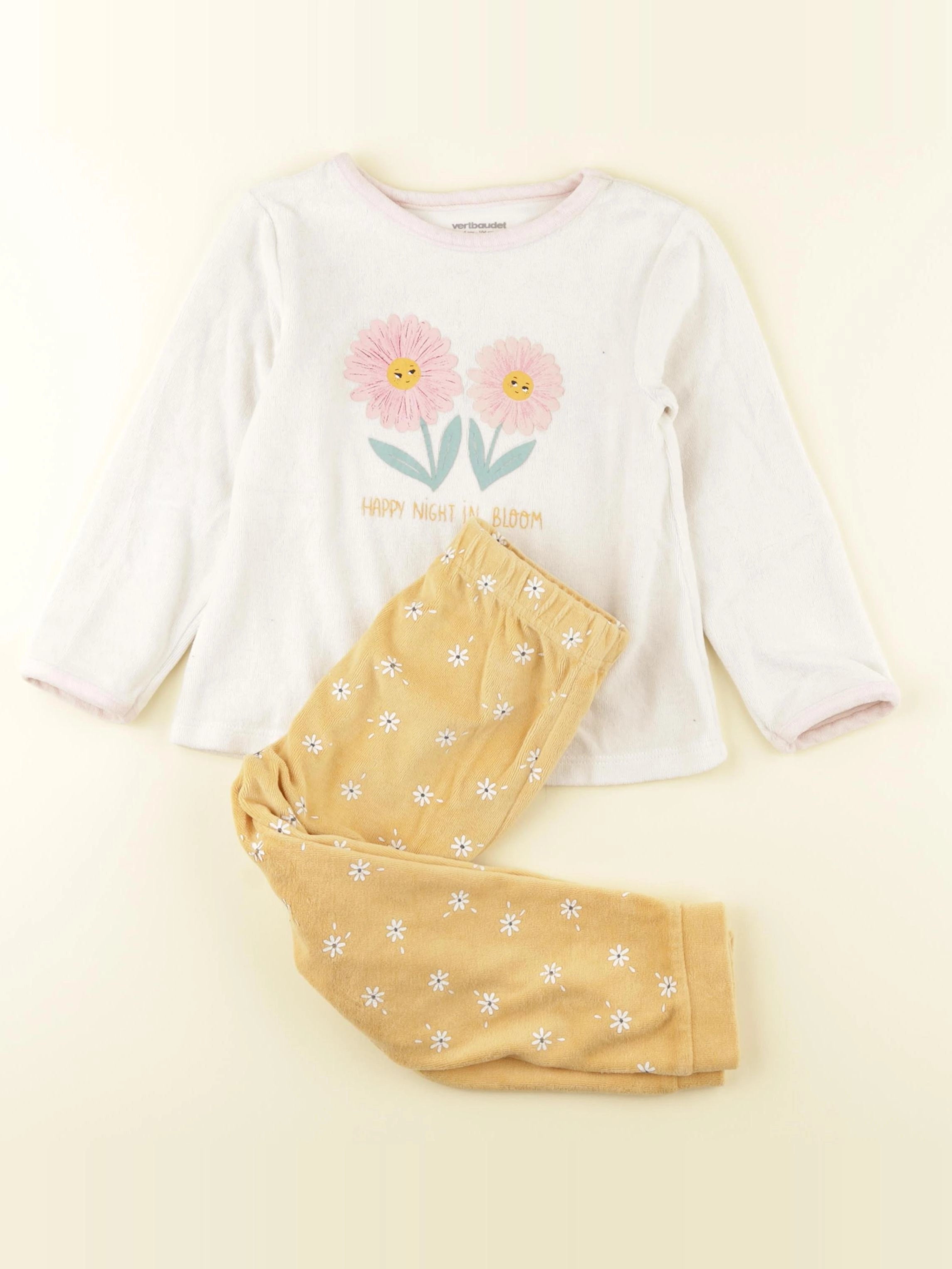 Vertbaudet - pyjama velours jaune, blanc - 4 ans