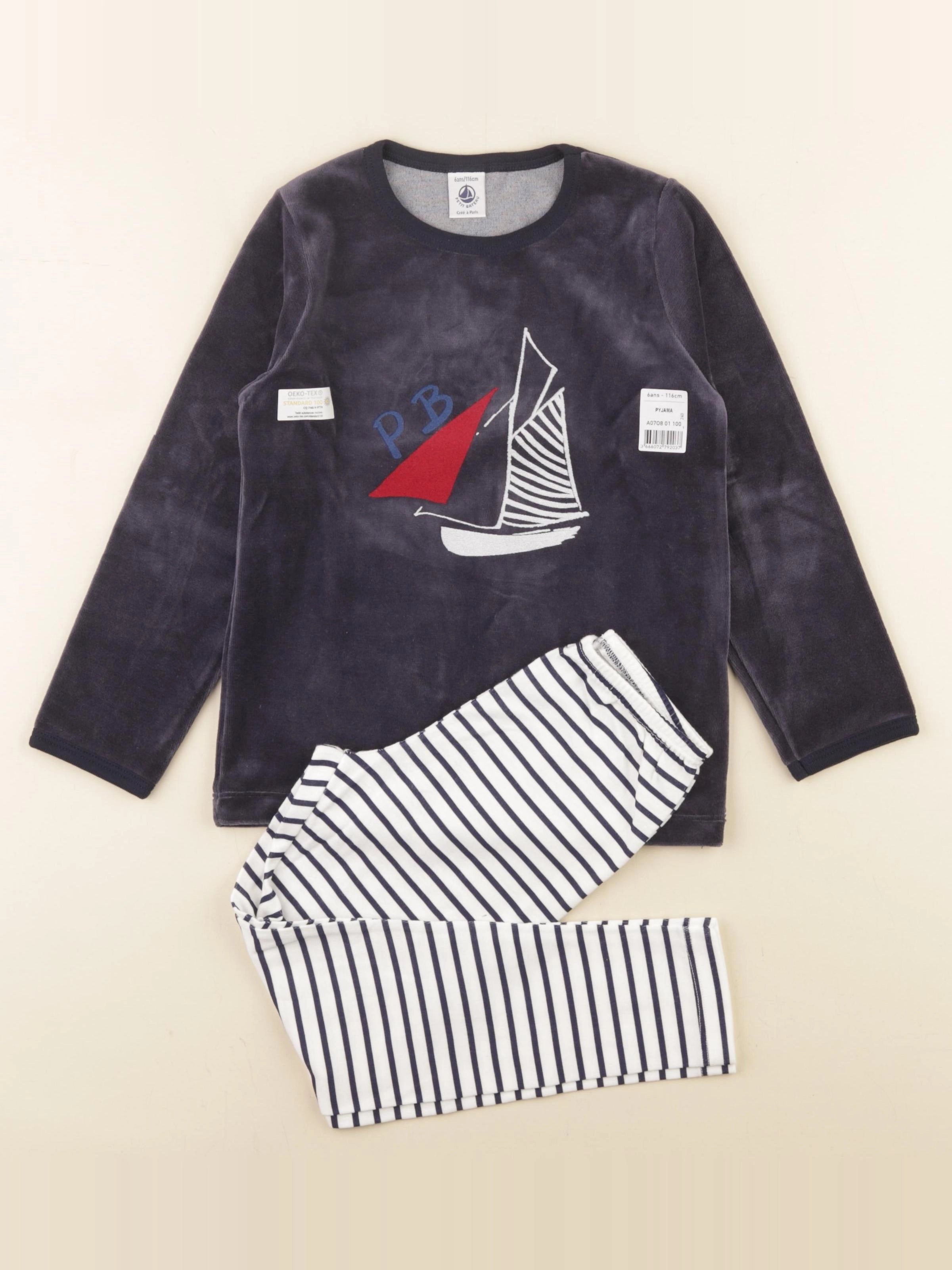 Petit Bateau - pyjama velours bleu, blanc - 6 ans