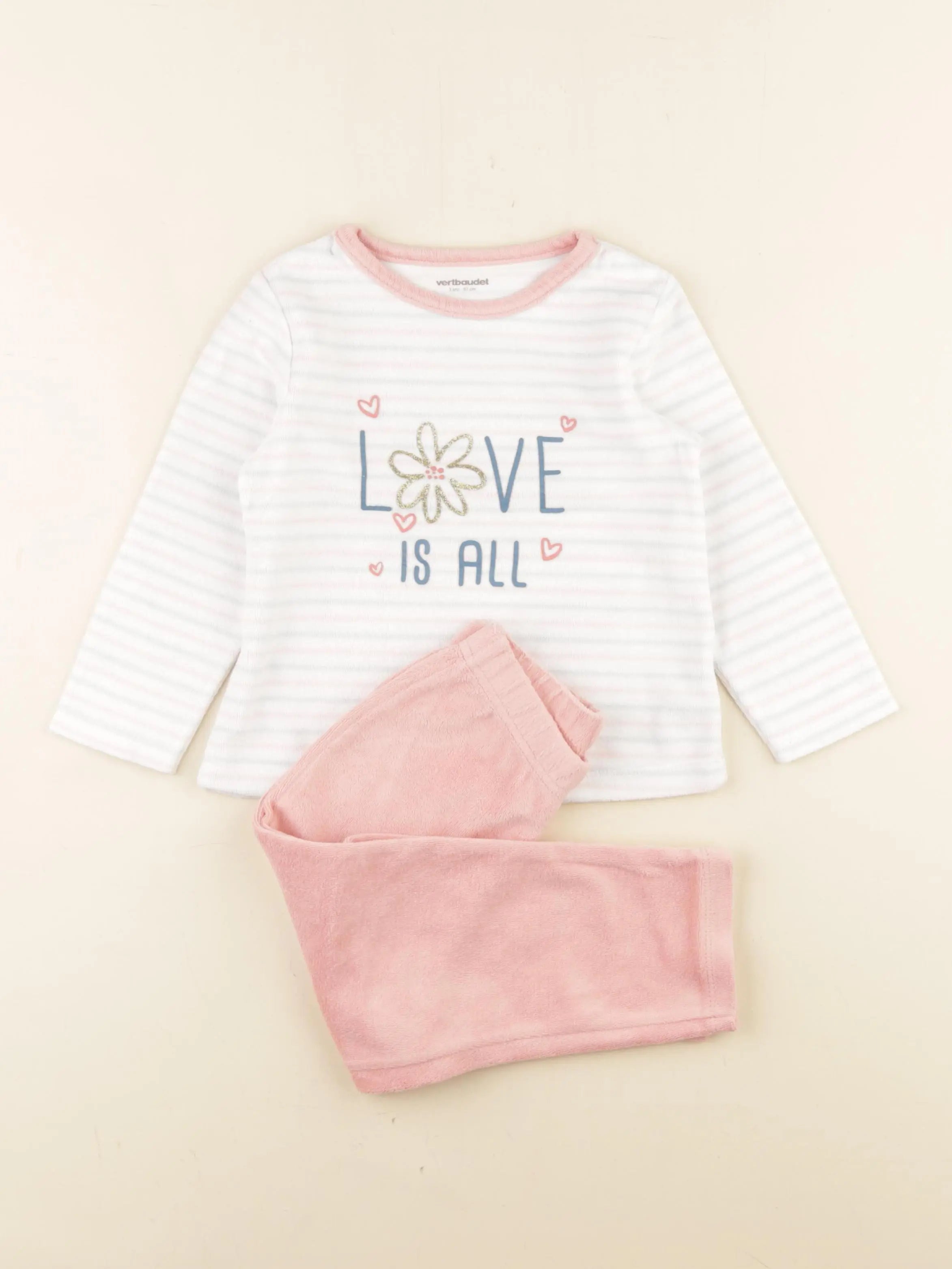 Vertbaudet - pyjama velours blanc, rose - 3 ans