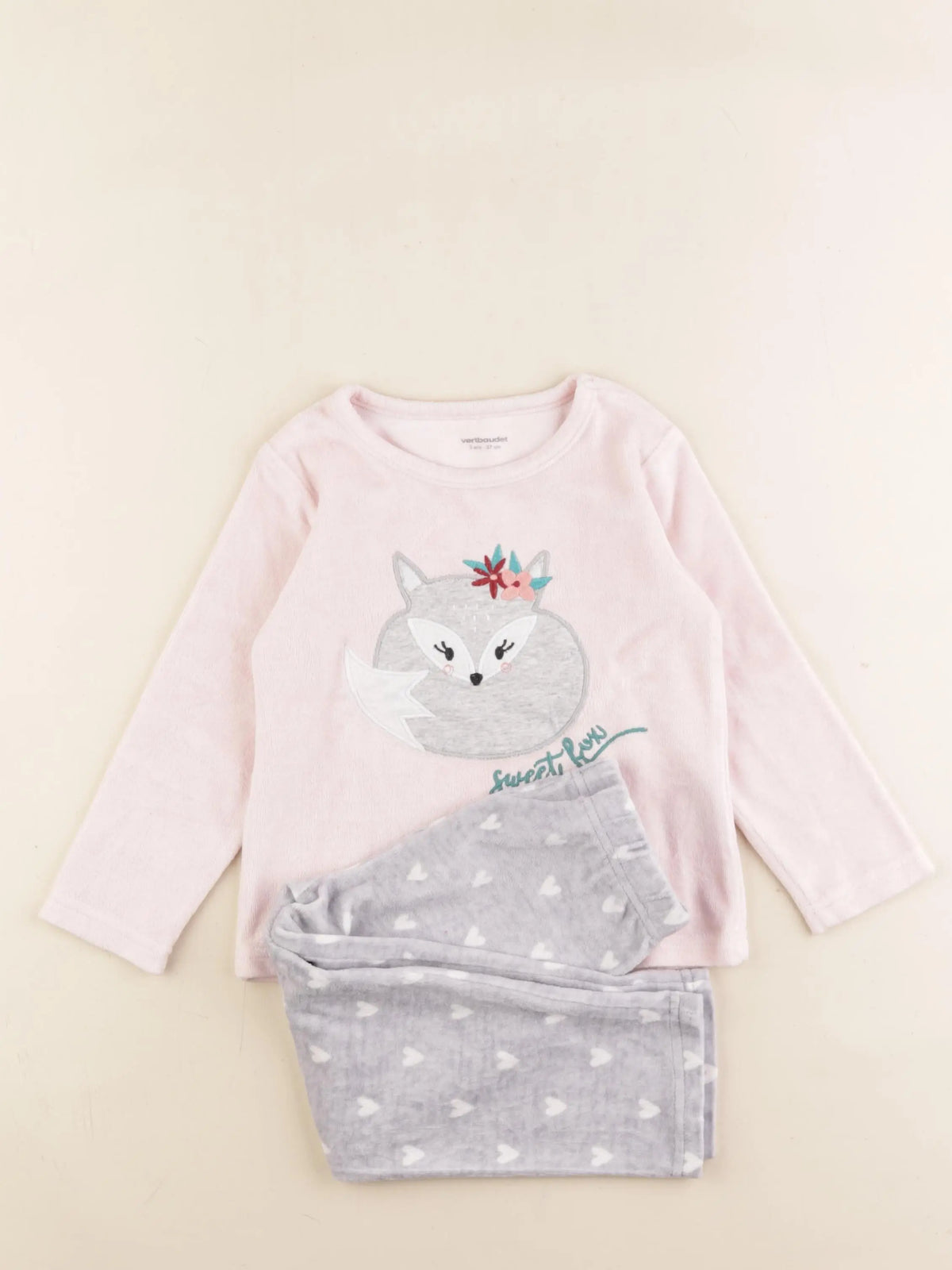 Vertbaudet - pyjama velours rose, gris - 3 ans