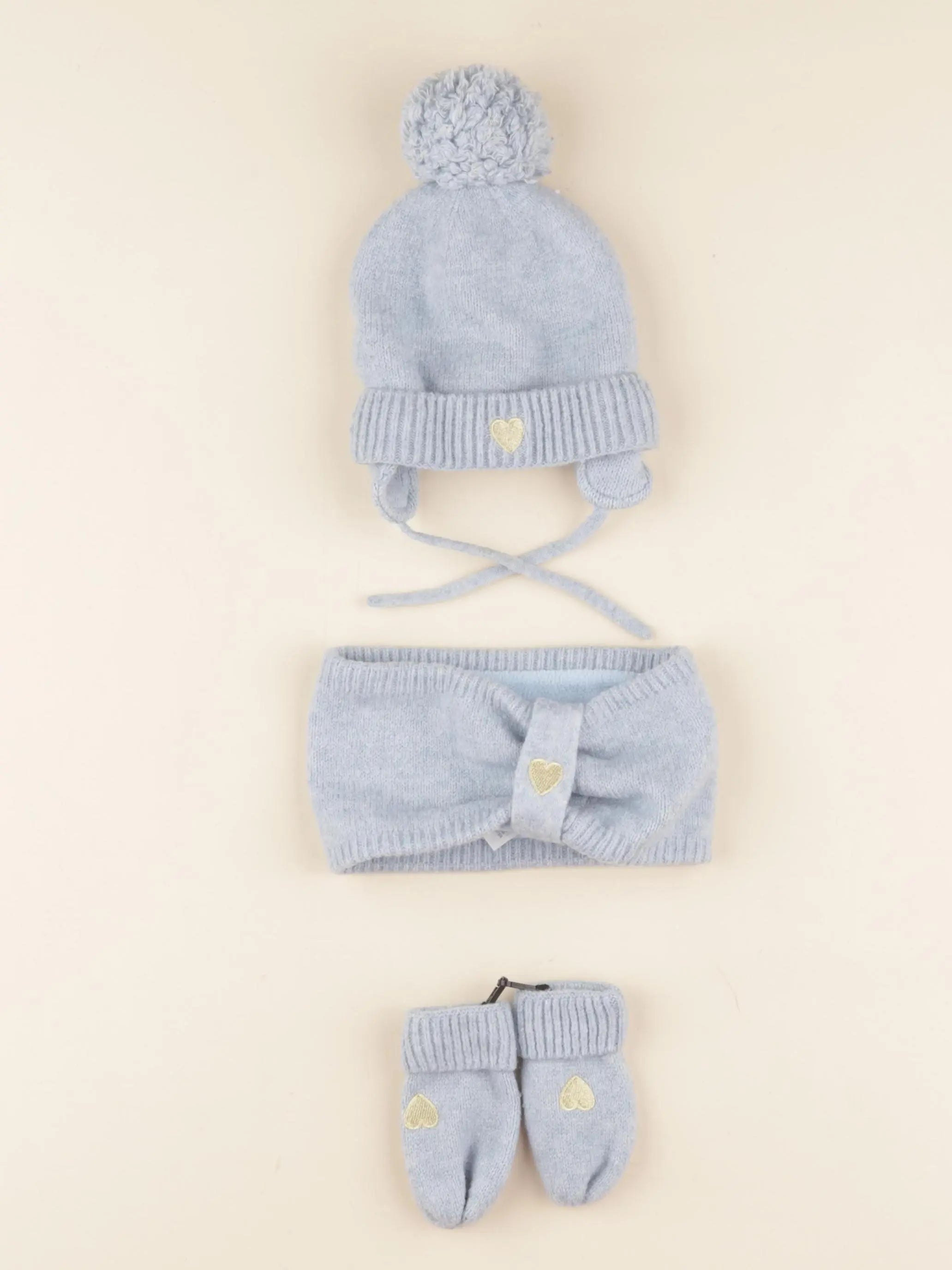 Vertbaudet - ensemble bonnet/moufles/tour de cou bleu, or - 3/6 mois