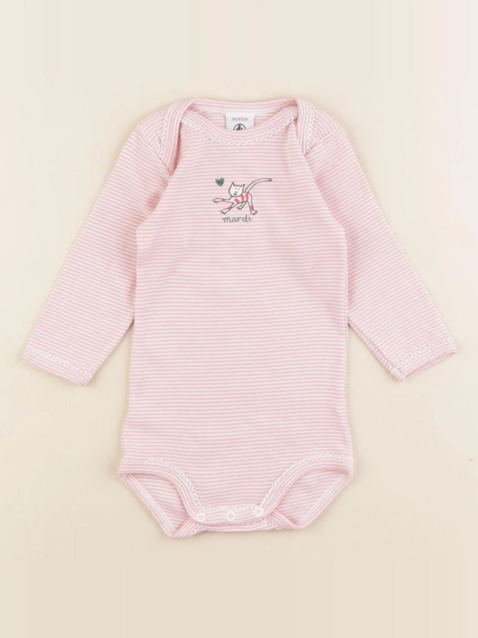 Petit Bateau - body blanc, rose - 6 mois