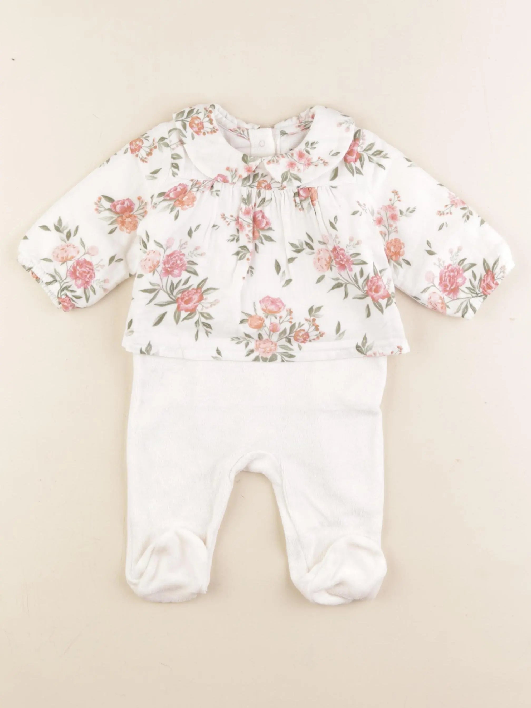 Vertbaudet - pyjama velours blanc, rose - 3 mois