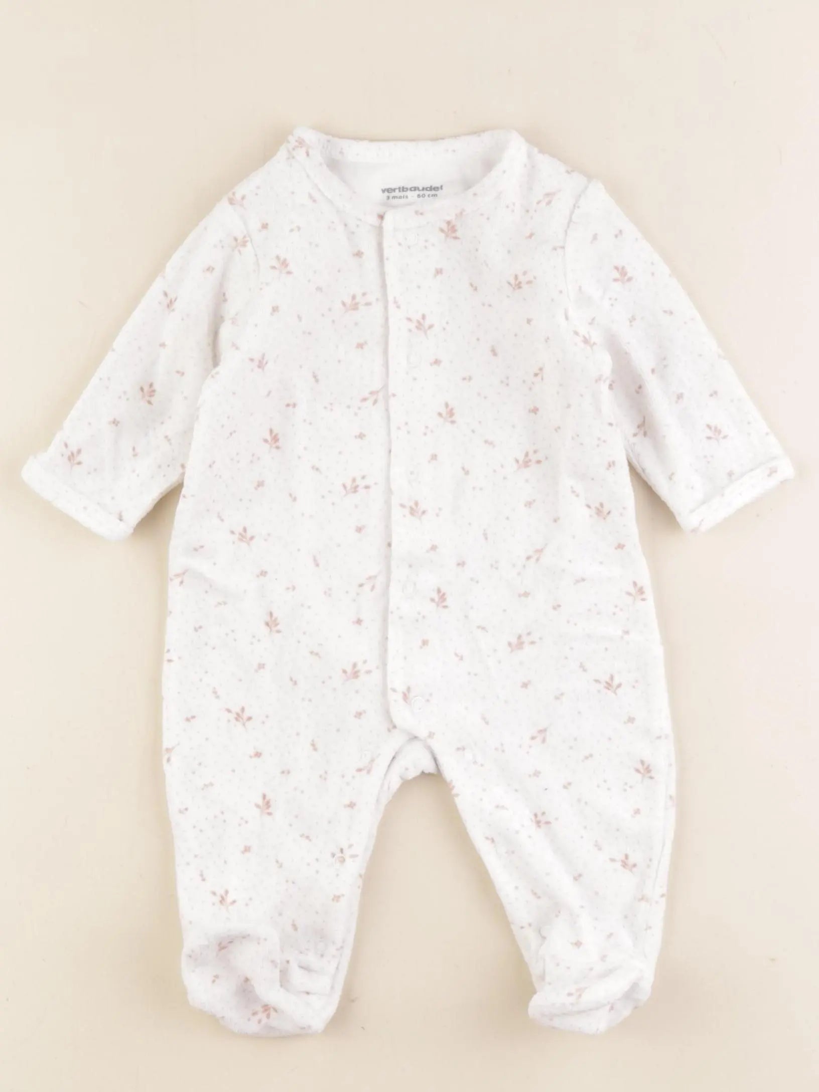 Vertbaudet - pyjama velours blanc, rose - 3 mois