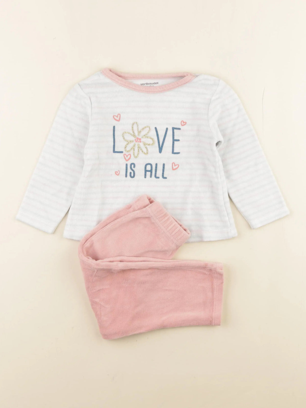 Vertbaudet - pyjama velours blanc, rose - 2 ans