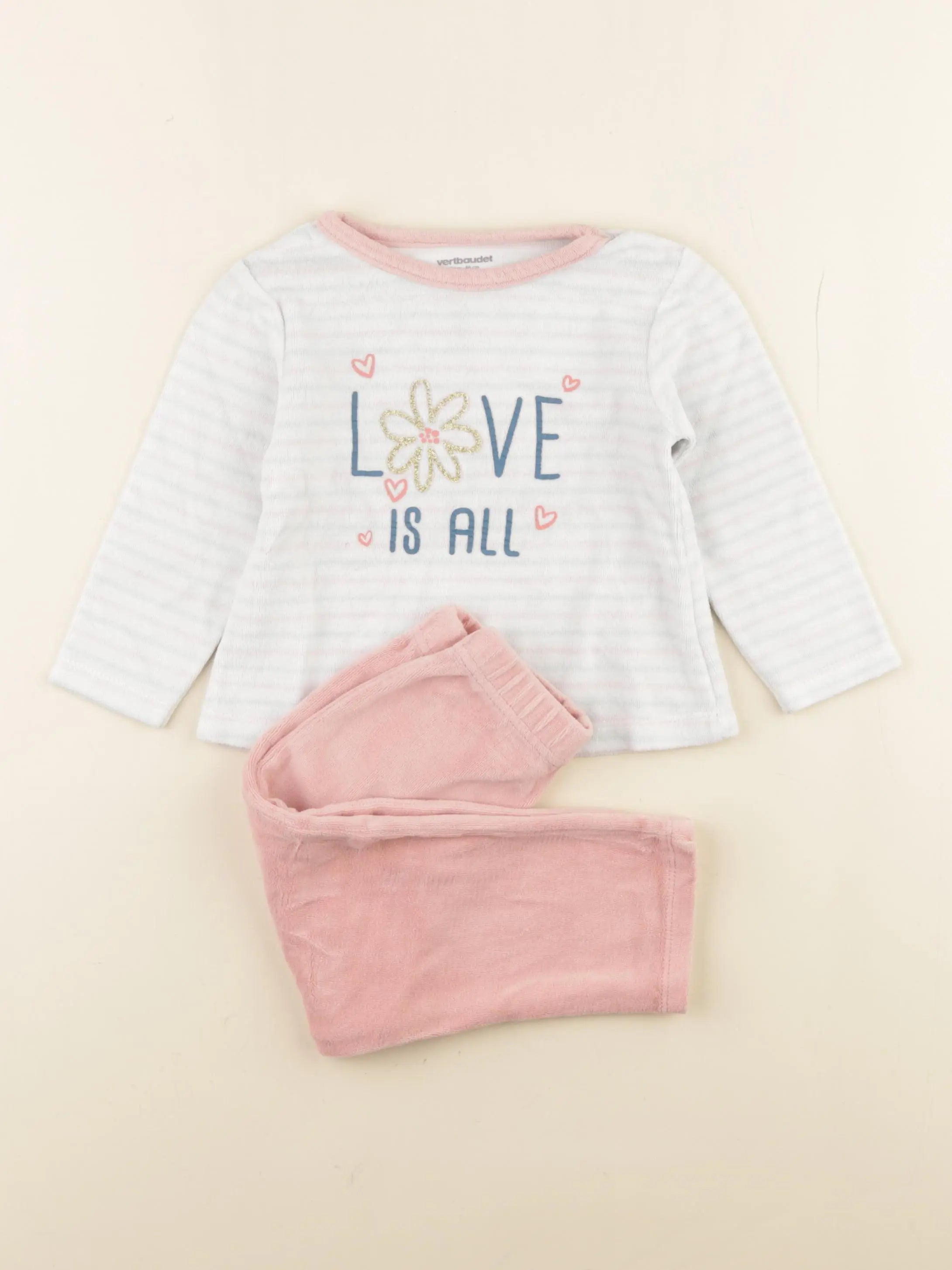 Vertbaudet - pyjama velours blanc, rose - 2 ans