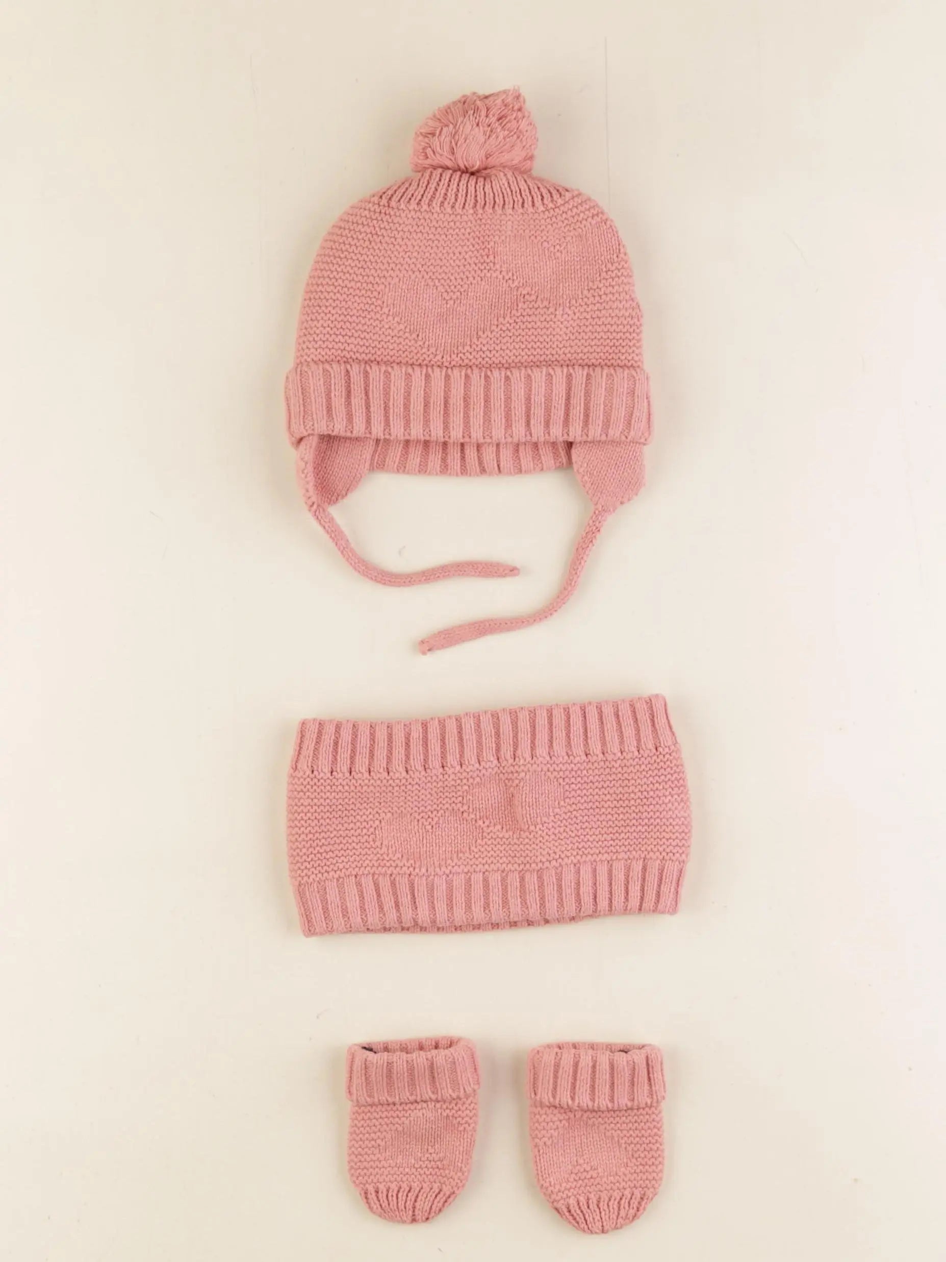 Vertbaudet - ensemble bonnet/moufles/tour de cou rose - 3/6 mois