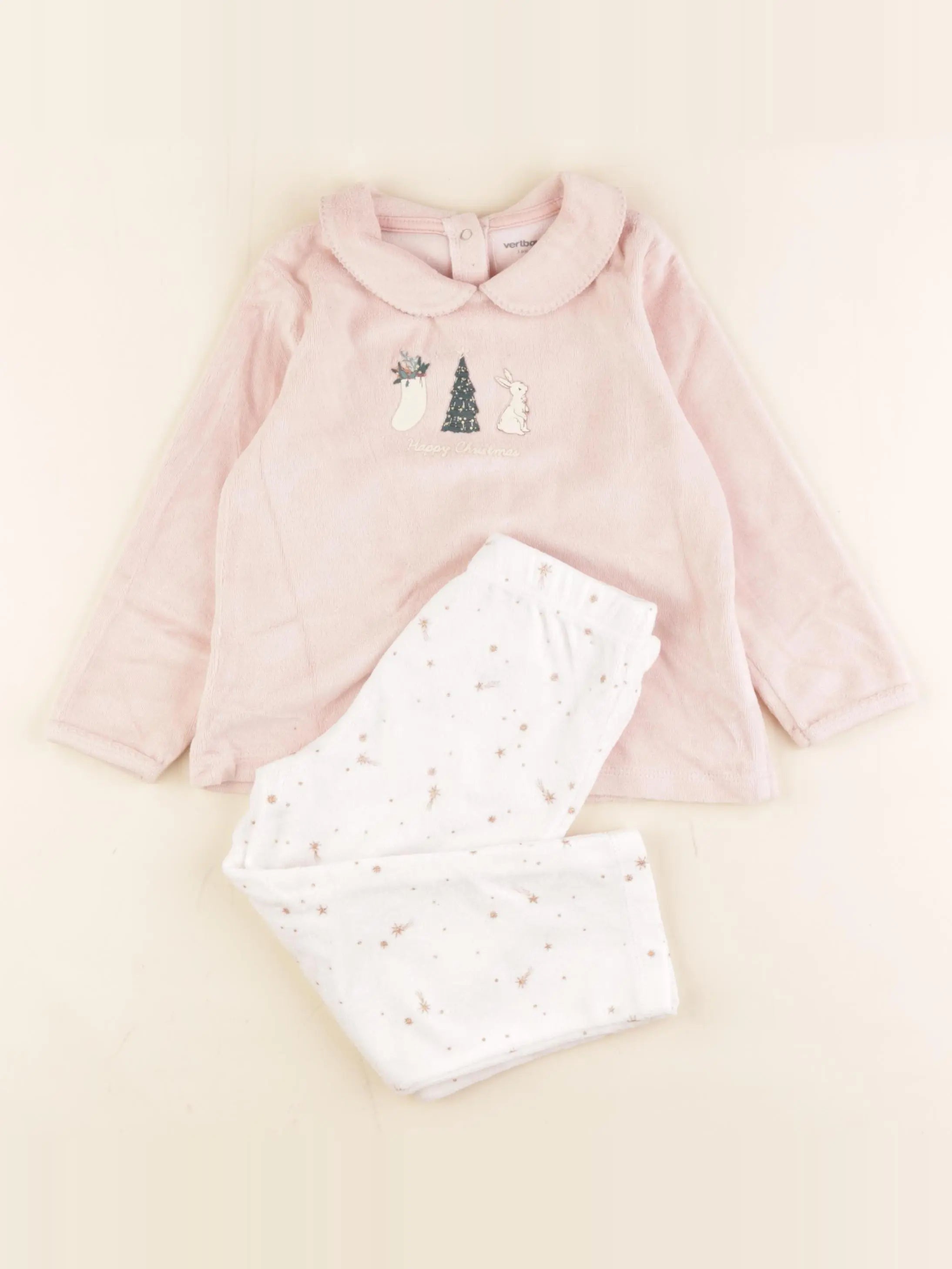 Vertbaudet - pyjama velours blanc, rose - 3 ans