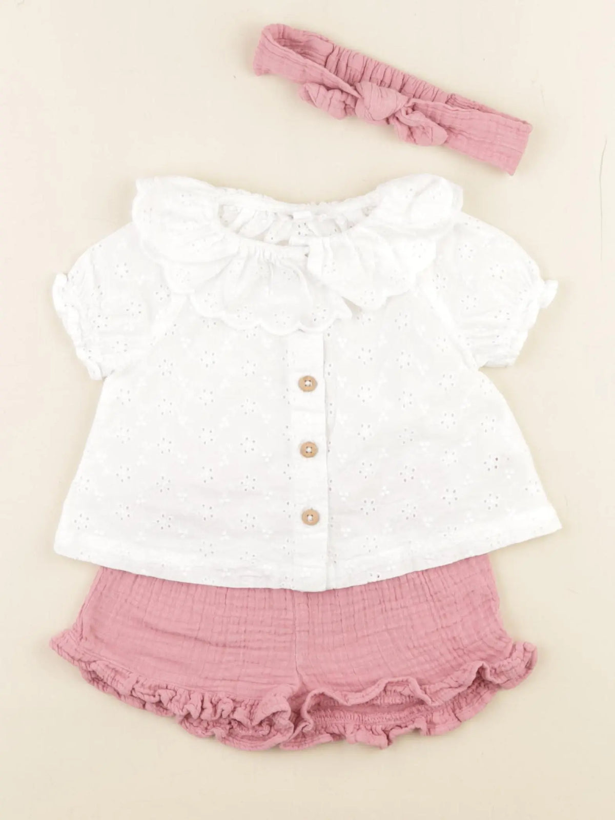 Vertbaudet - ensemble blanc, rose - 6 mois
