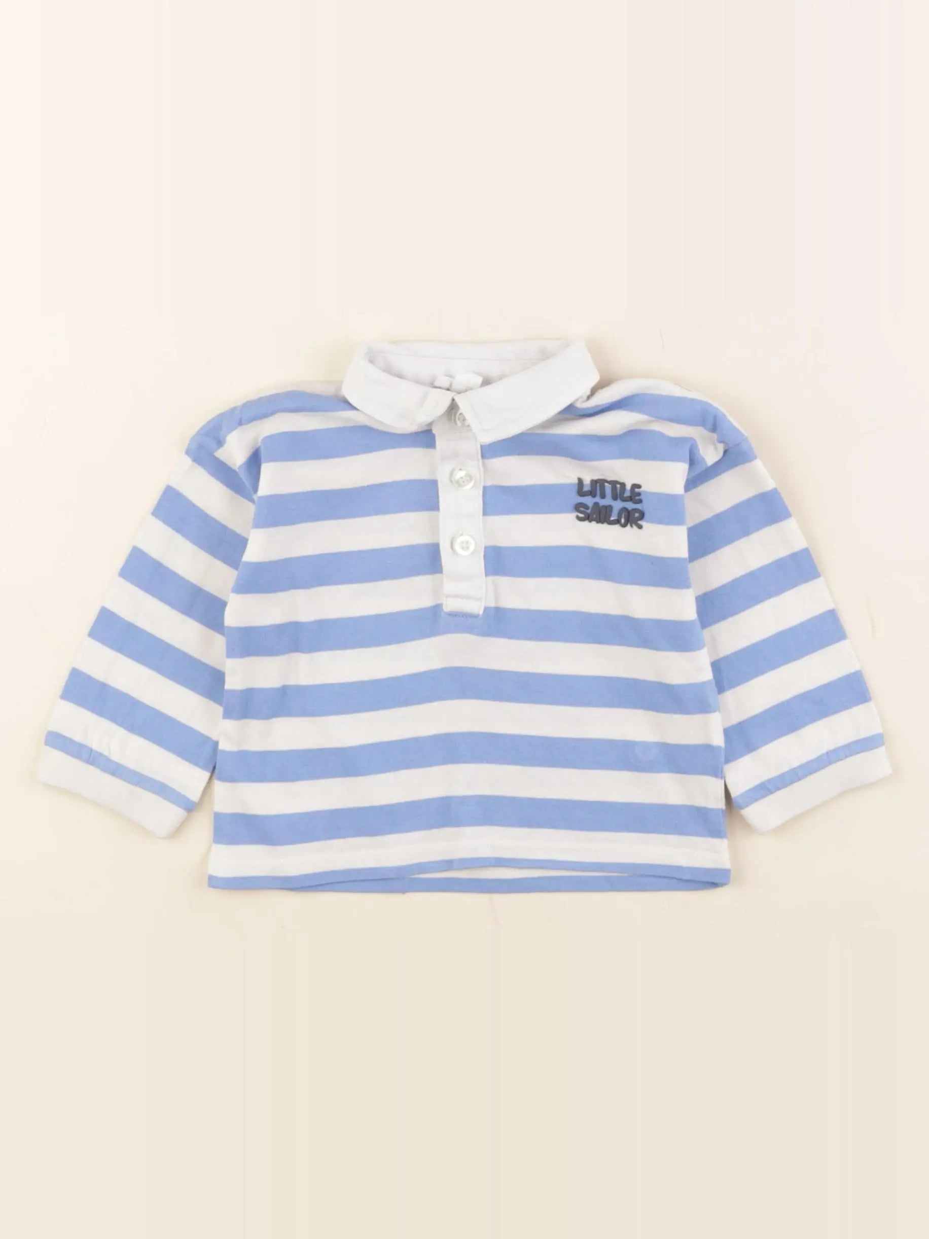 Vertbaudet - polo blanc, bleu - 9 mois