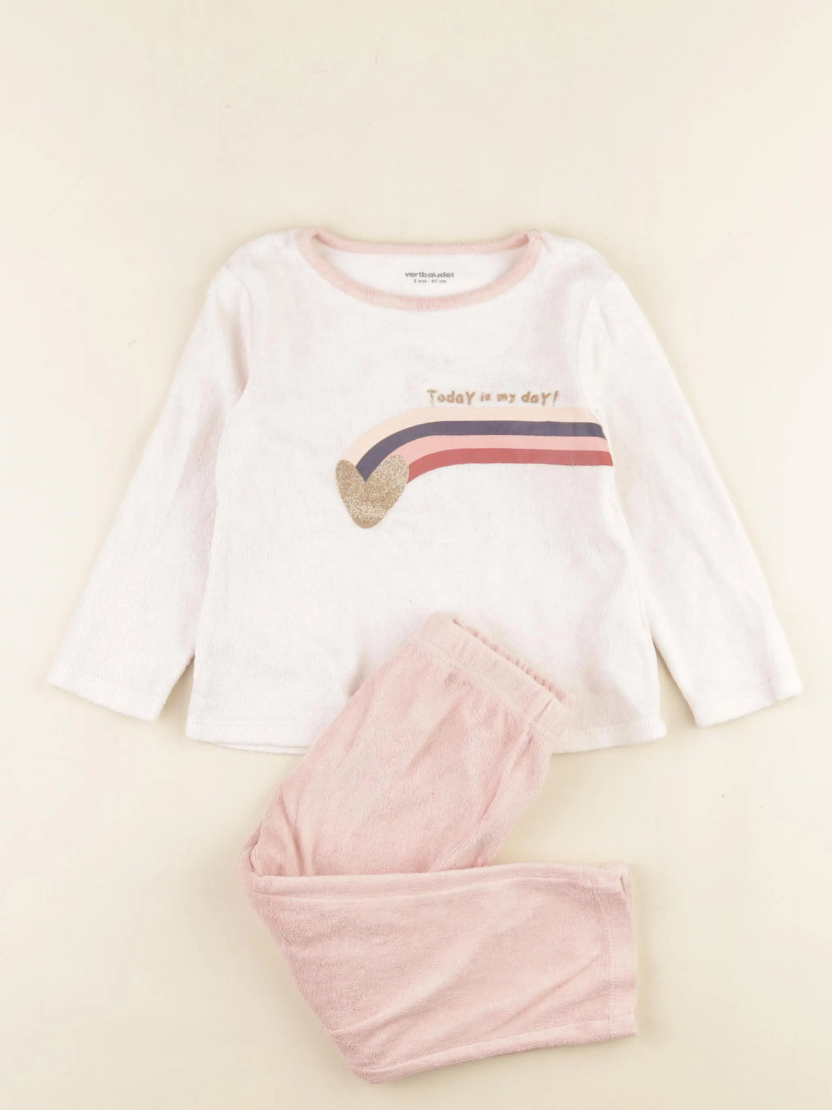 Vertbaudet - pyjama velours blanc, rose - 3 ans