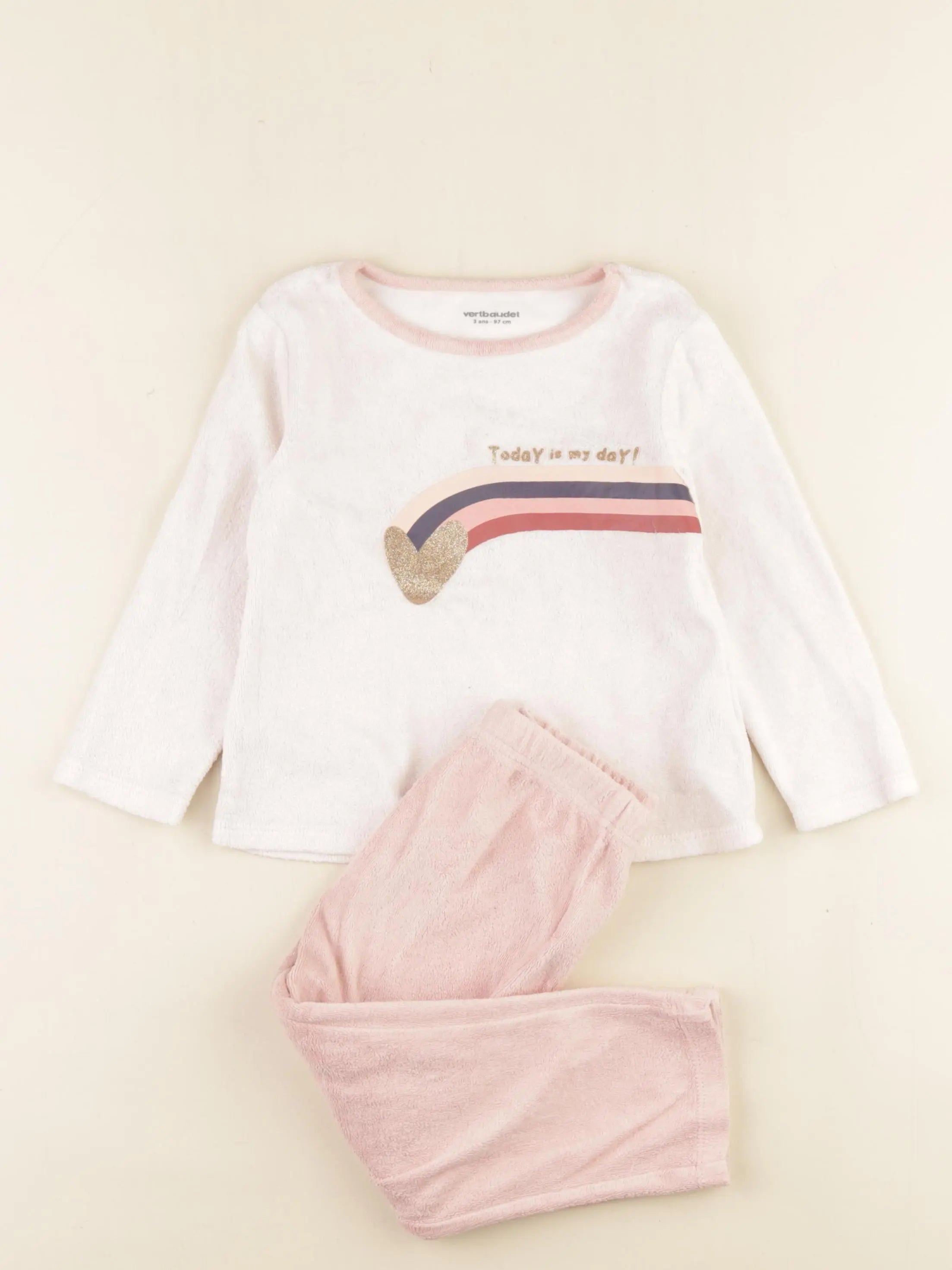 Vertbaudet - pyjama velours blanc, rose - 3 ans