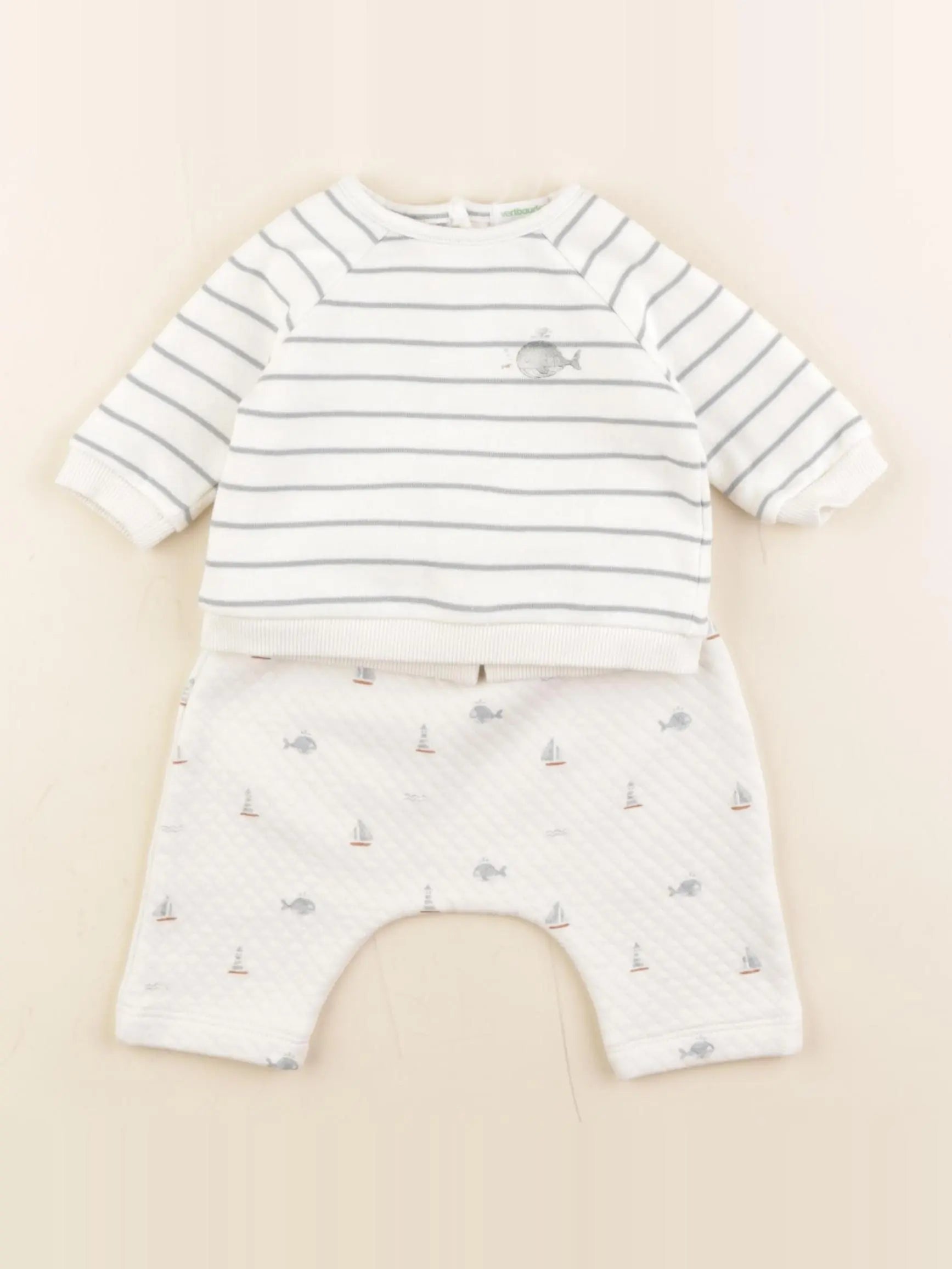 Vertbaudet - ensemble beige, bleu - 1 mois