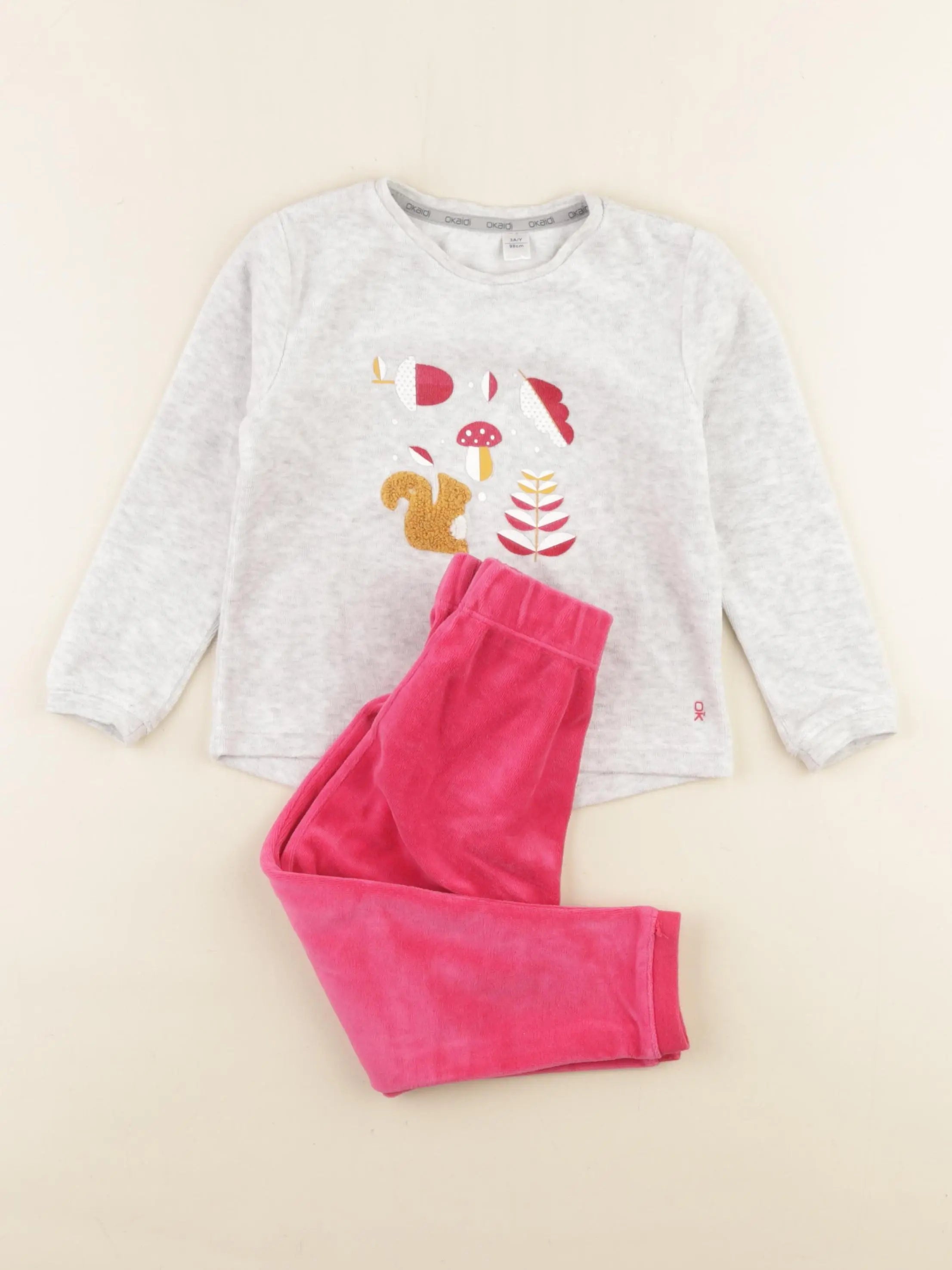 Okaidi - pyjama velours gris, rose - 3 ans