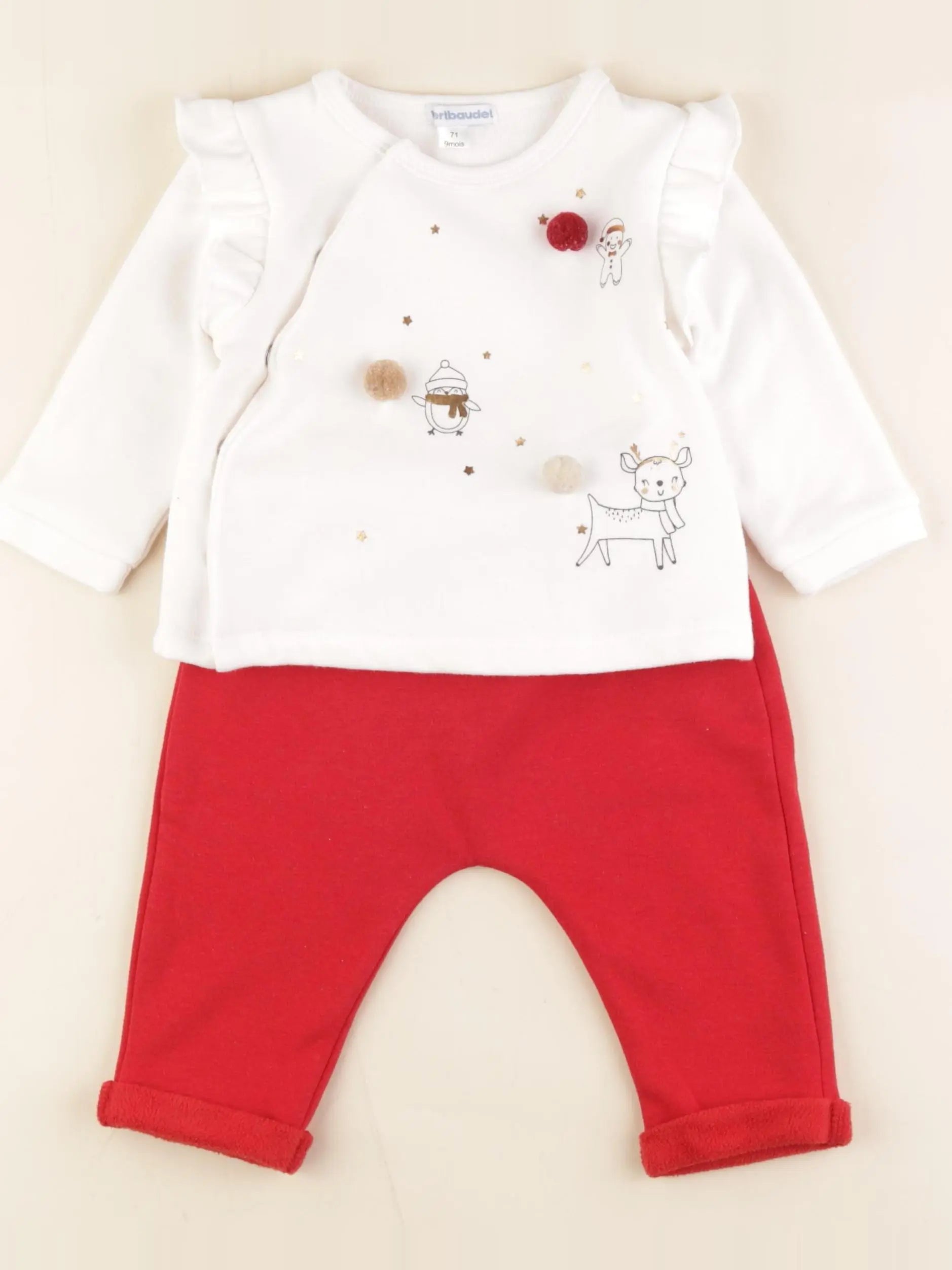 Vertbaudet - ensemble doublé blanc, rouge - 9 mois