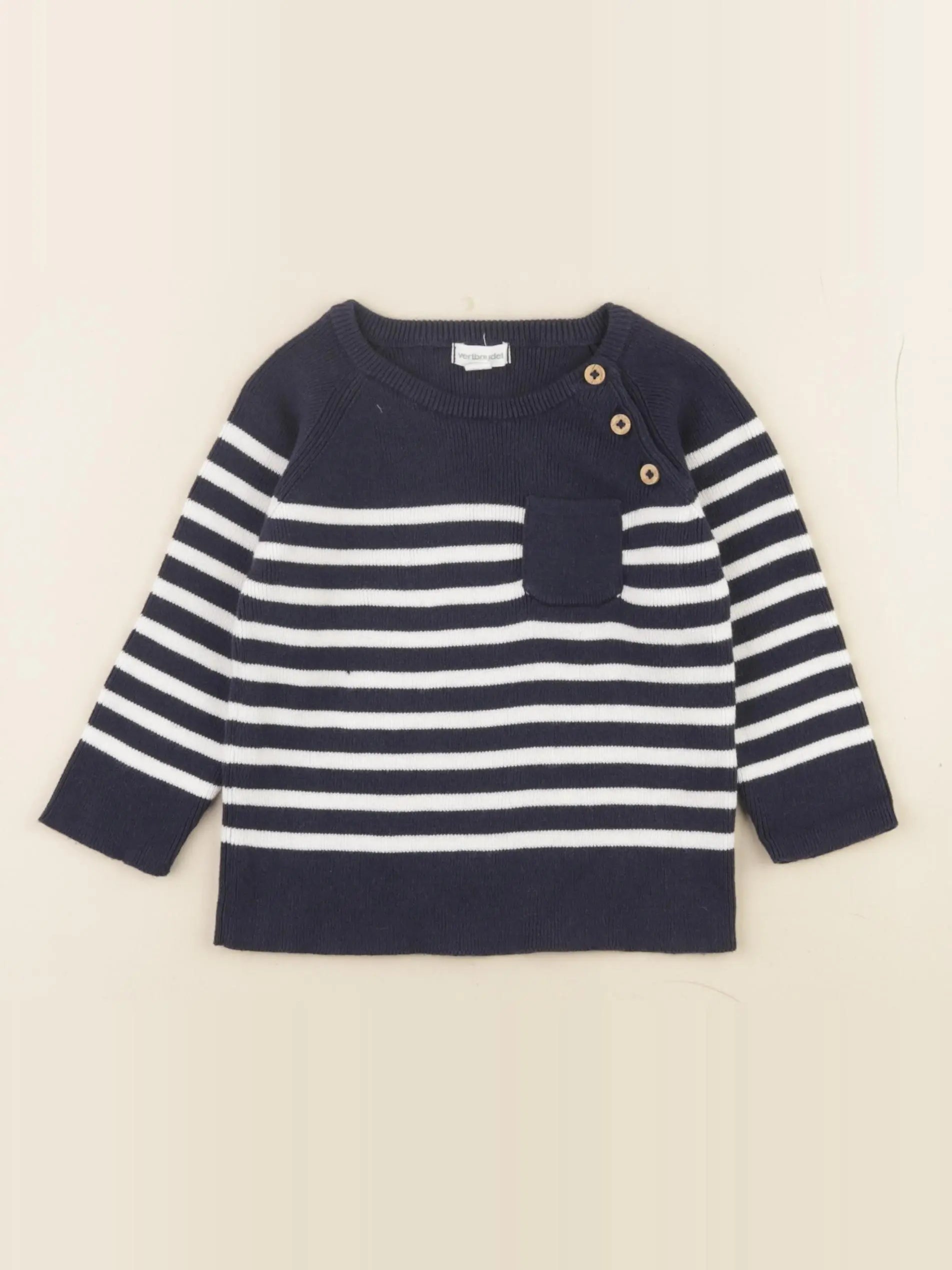 Vertbaudet - pull blanc, bleu - 12 mois