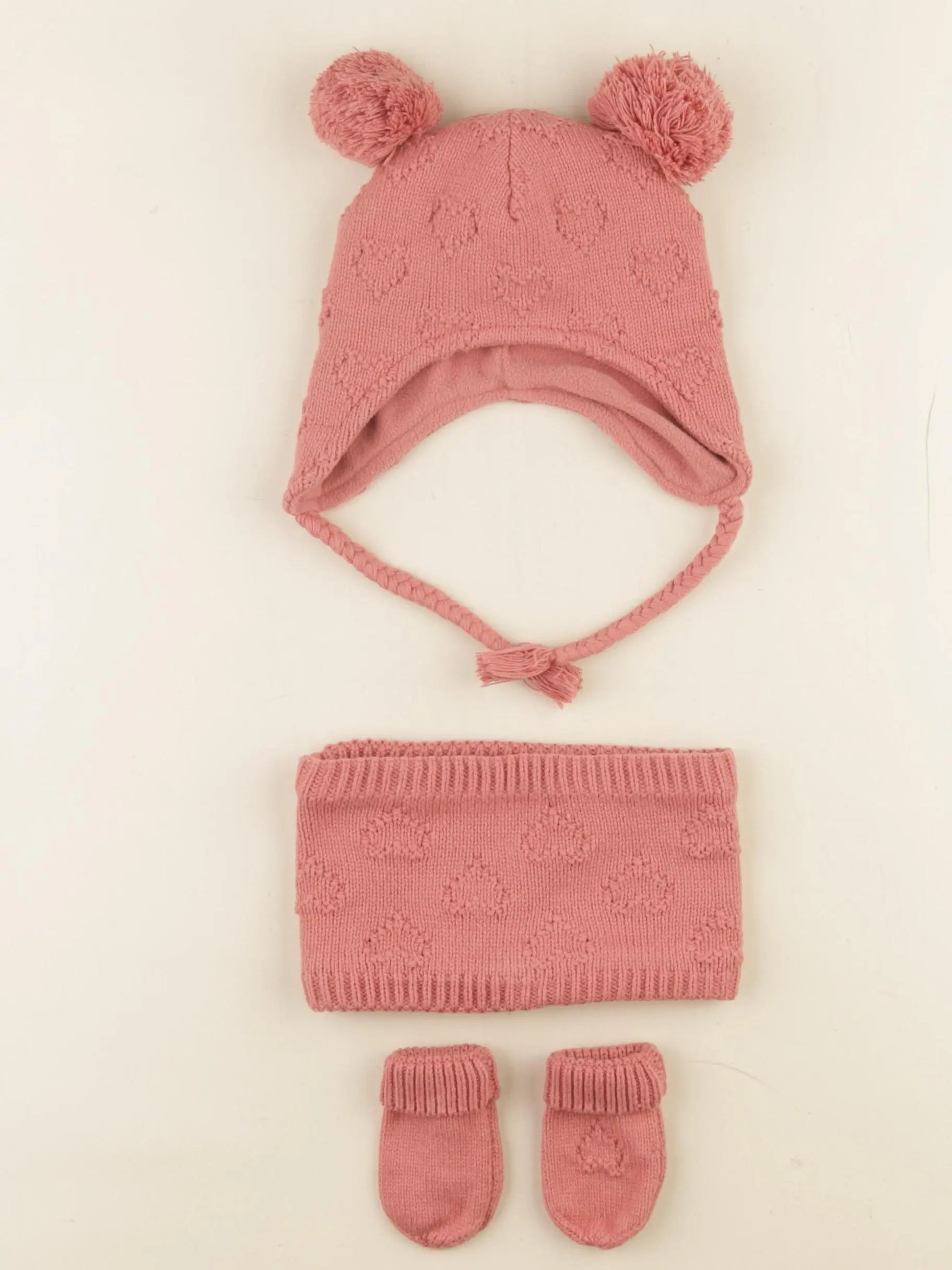 Vertbaudet - ensemble bonnet/moufles/tour de cou rose - 3/6 mois
