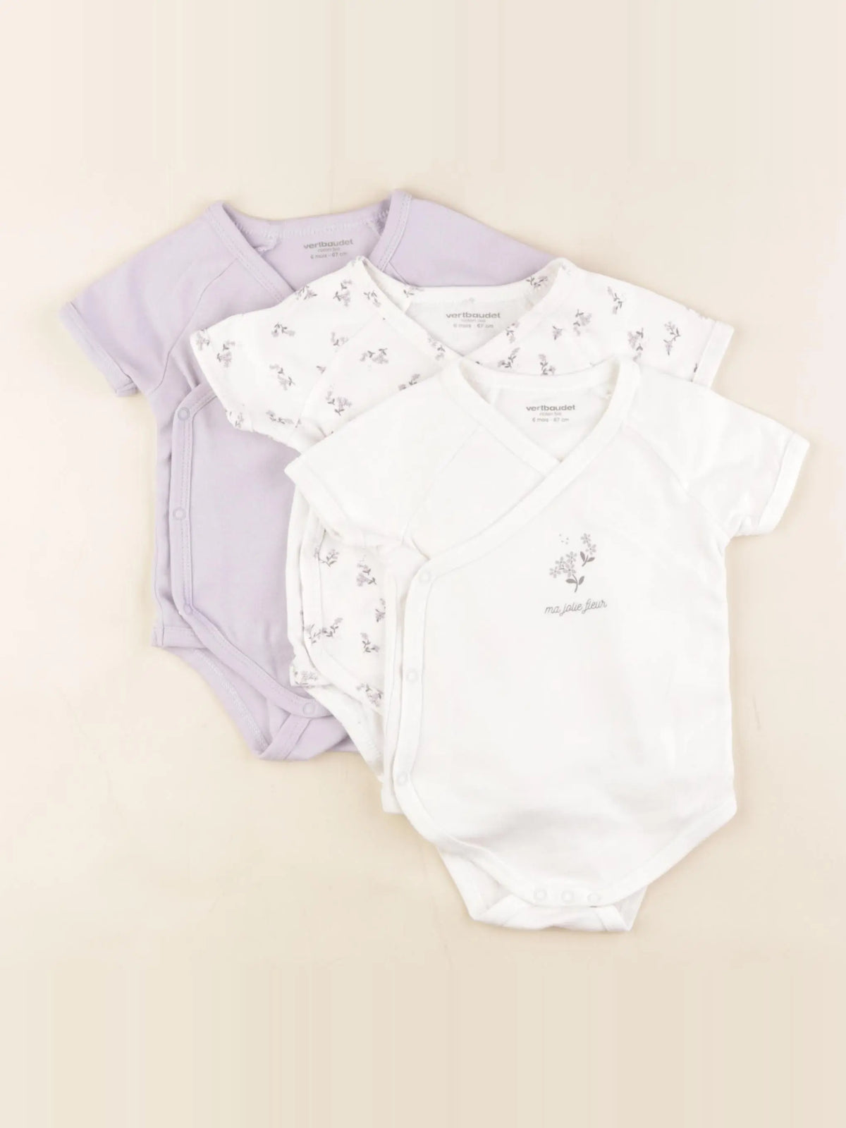 Vertbaudet - lot de 3 bodies en coton blanc, violet - 6 mois