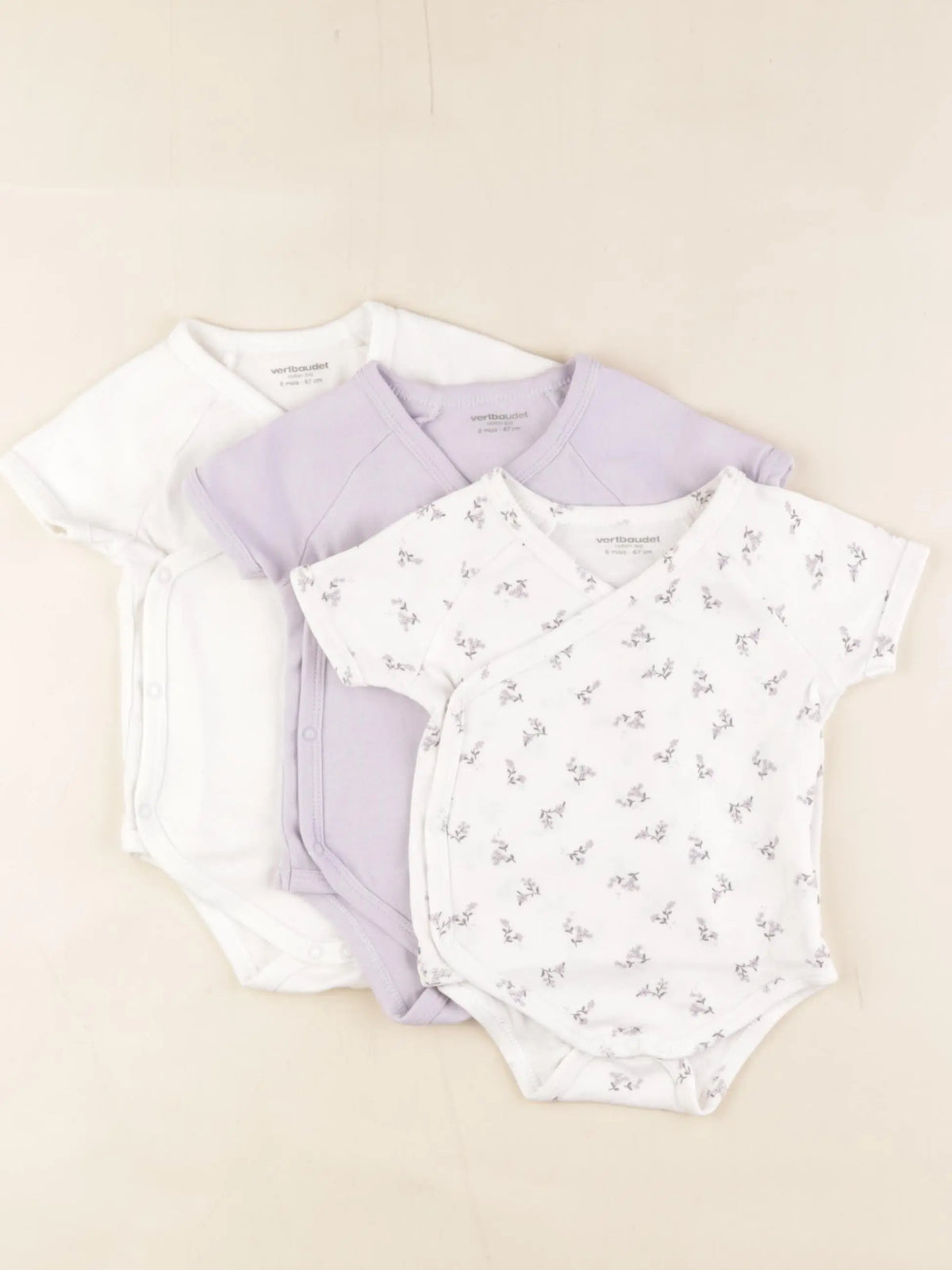 Vertbaudet - lot de 3 bodies en coton blanc, violet - 6 mois