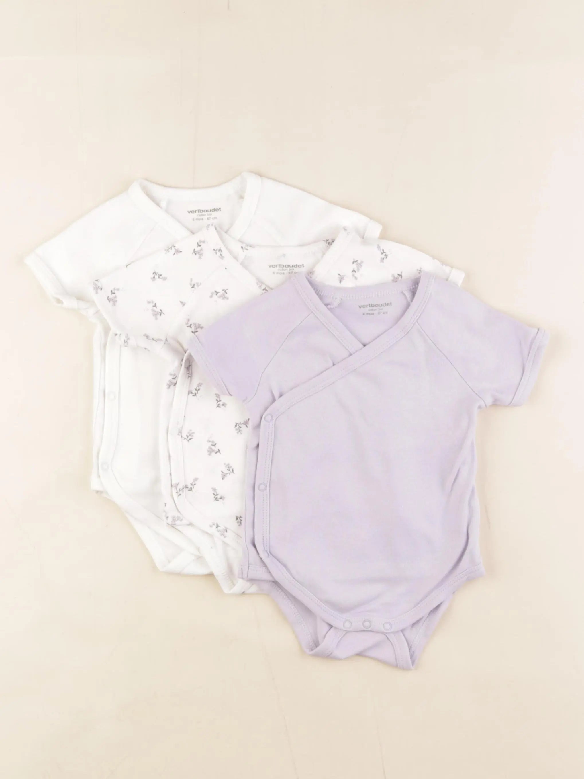 Vertbaudet - lot de 3 bodies en coton blanc, violet - 6 mois