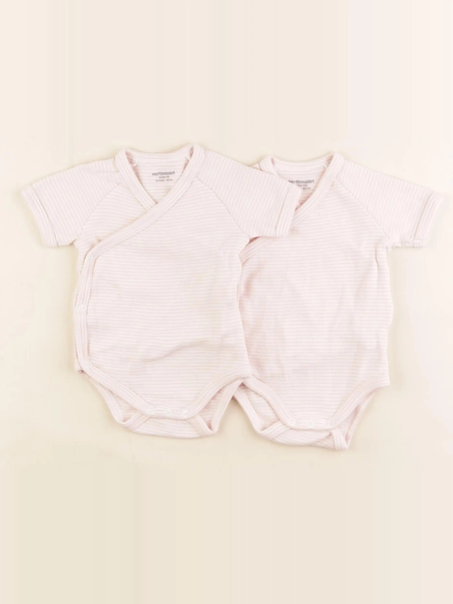 Vertbaudet - lot de 2 bodies en coton rose, blanc - 3 mois