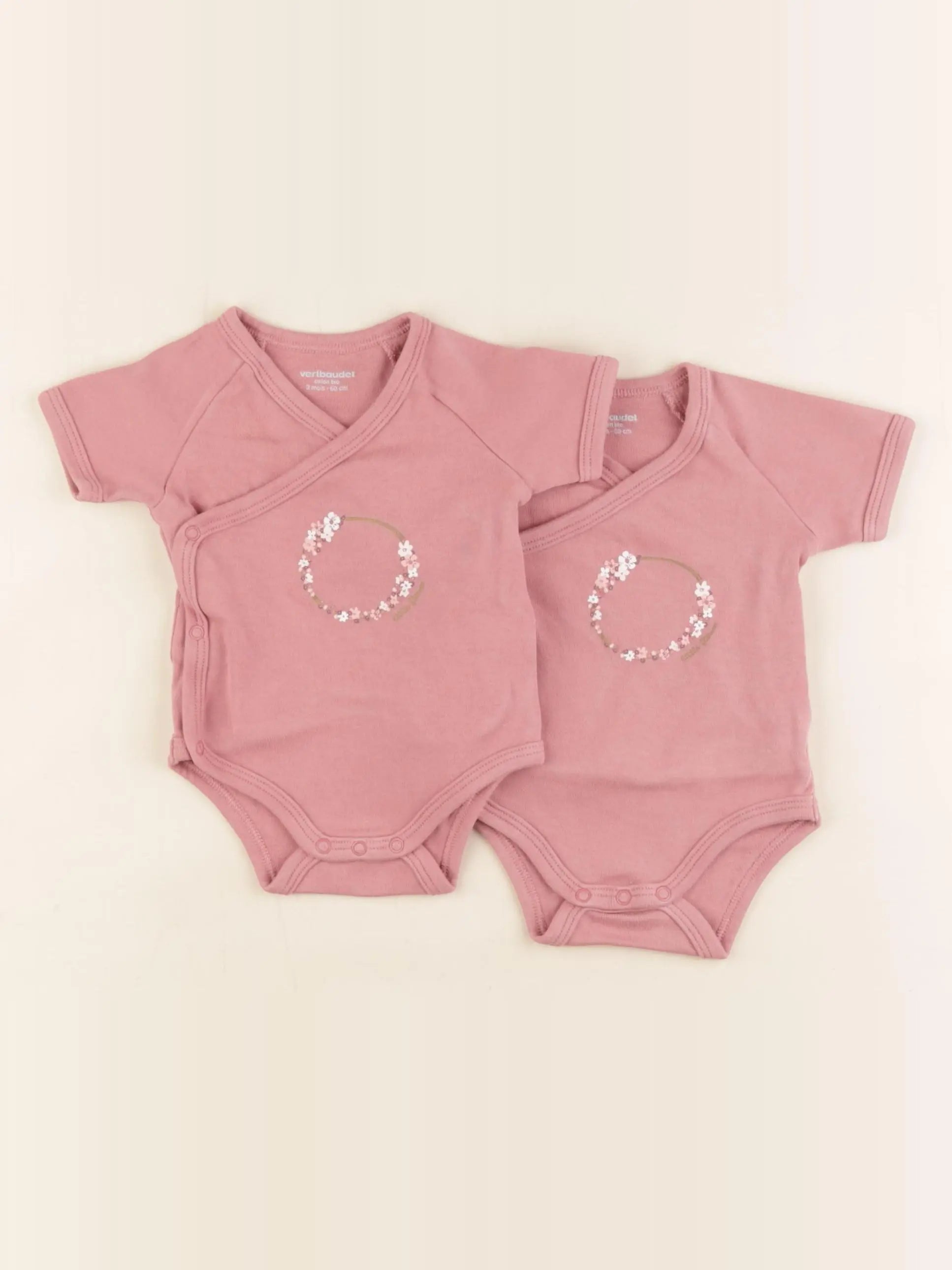 Vertbaudet - lot de 2 bodies en coton rose - 3 mois