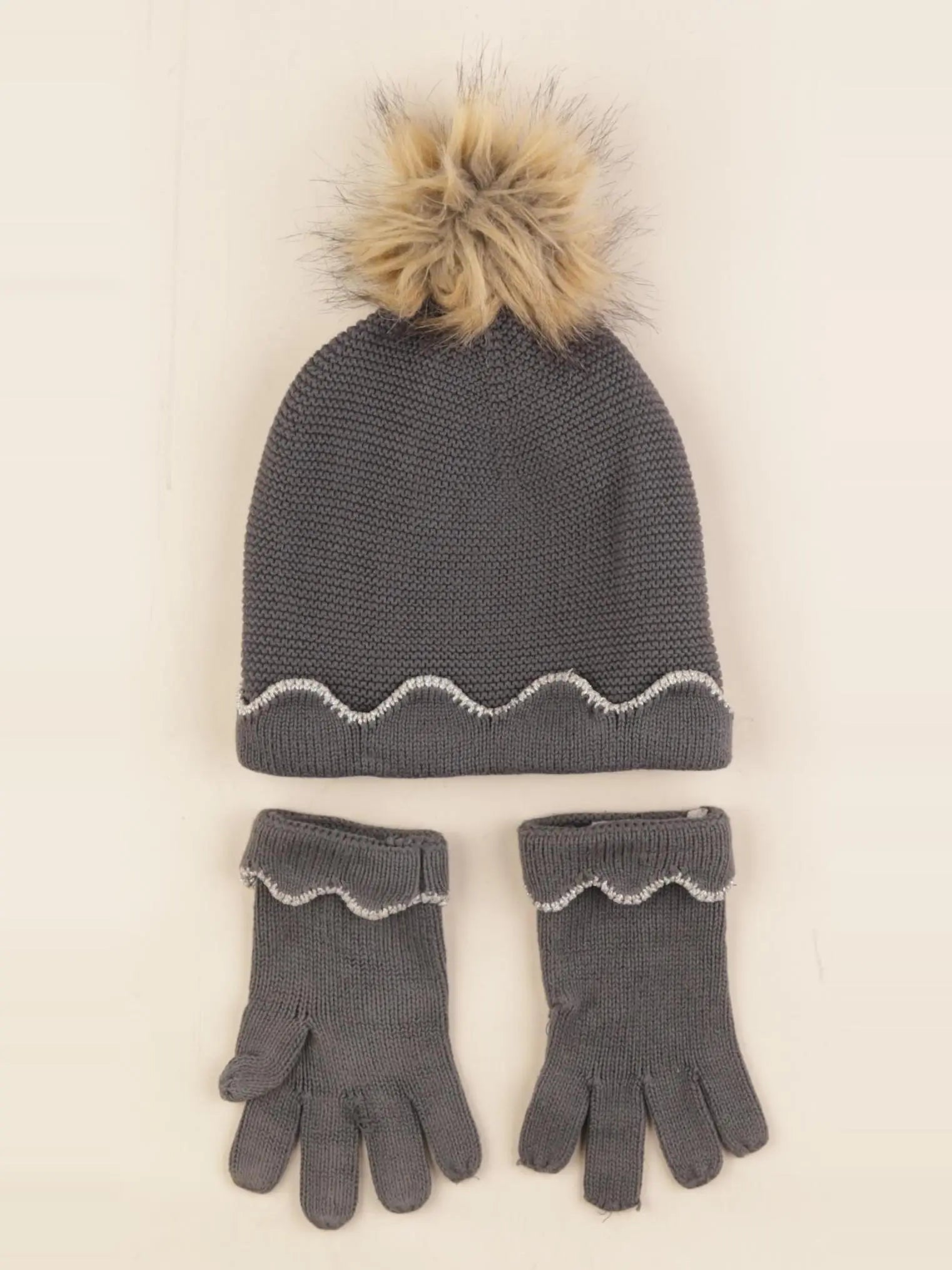 Vertbaudet - ensemble bonnet/gants taupe, argent - 4/6 ans