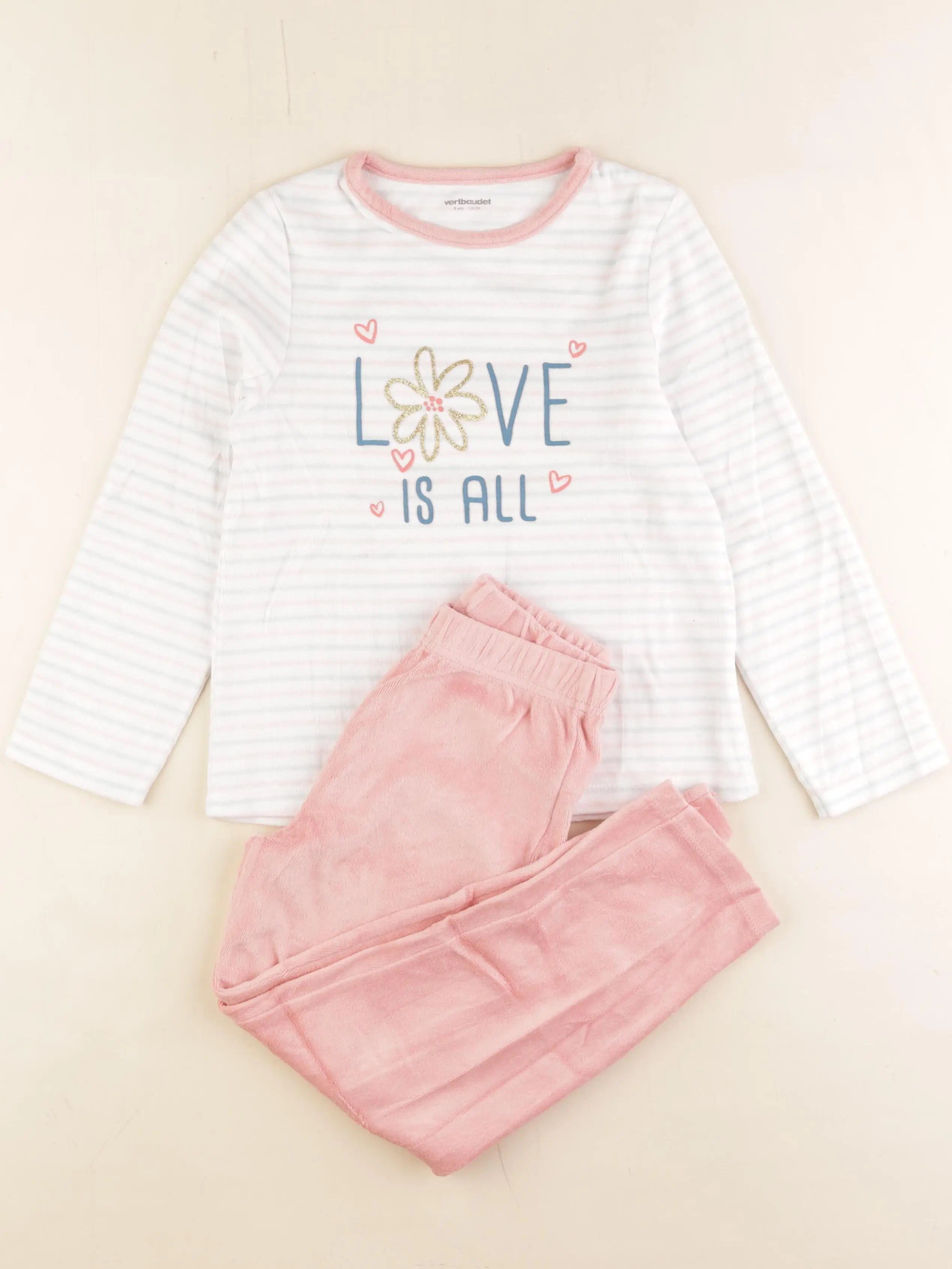 Vertbaudet - pyjama velours blanc, rose - 8 ans