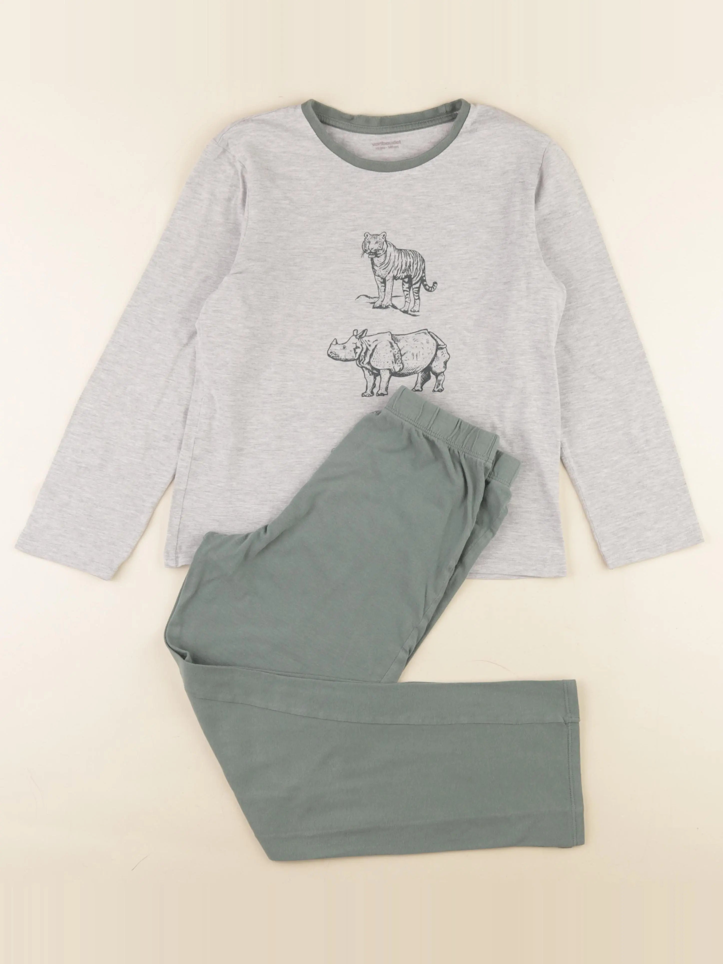 Vertbaudet - pyjama coton gris, vert - 10 ans