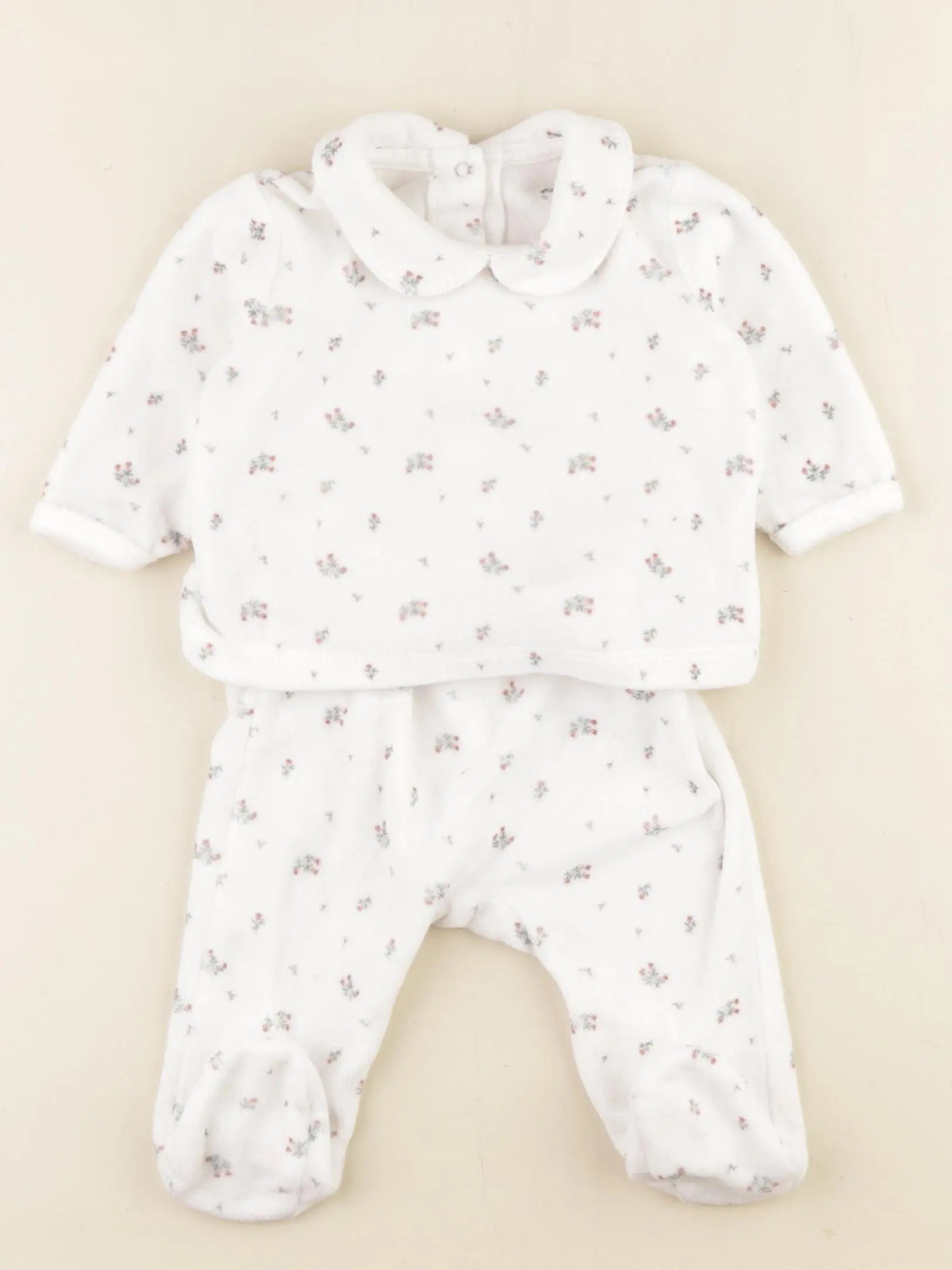 Vertbaudet - pyjama velours blanc, rose - 0/3 mois