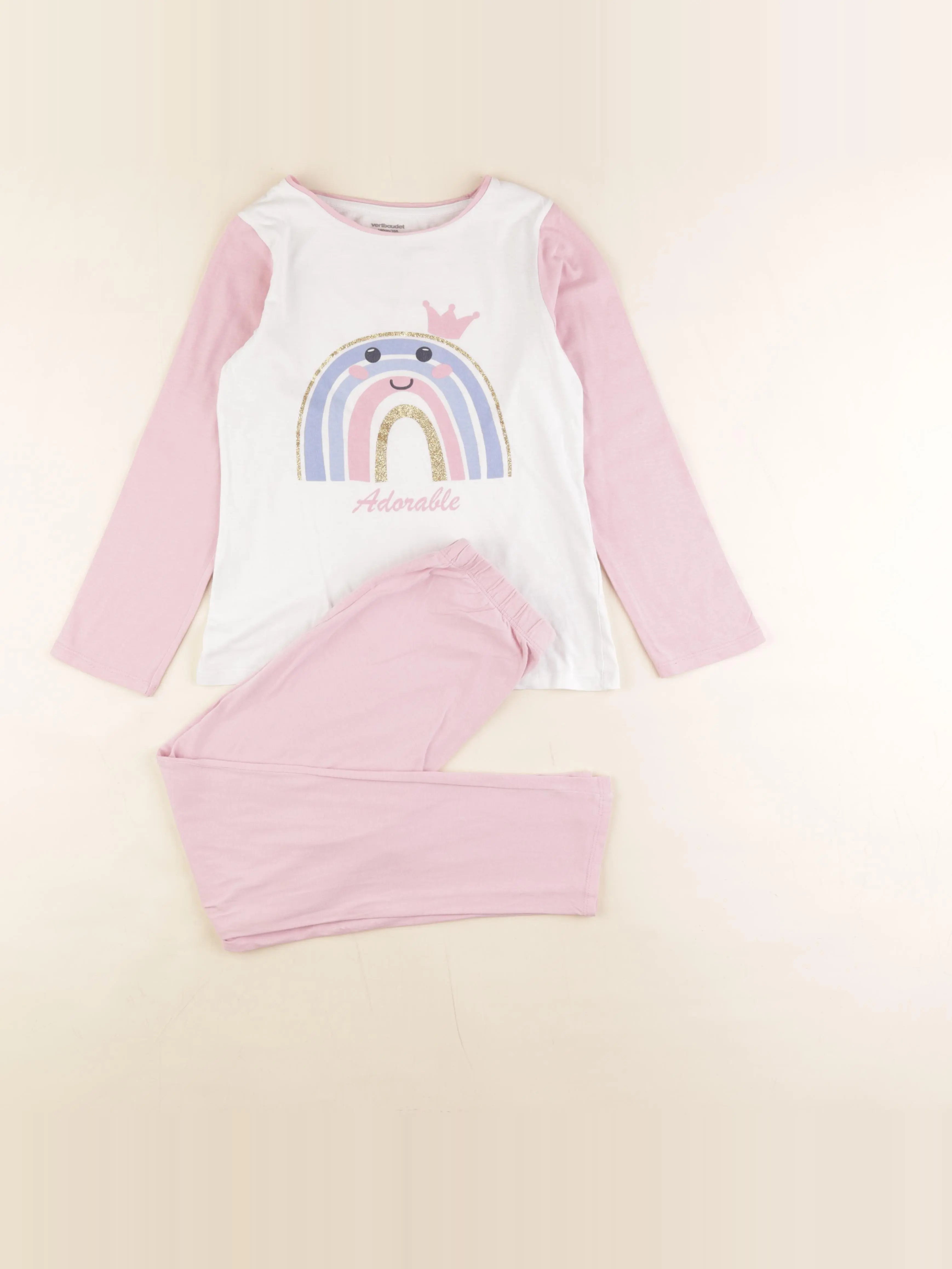 Vertbaudet - pyjama coton blanc, rose - 10 ans